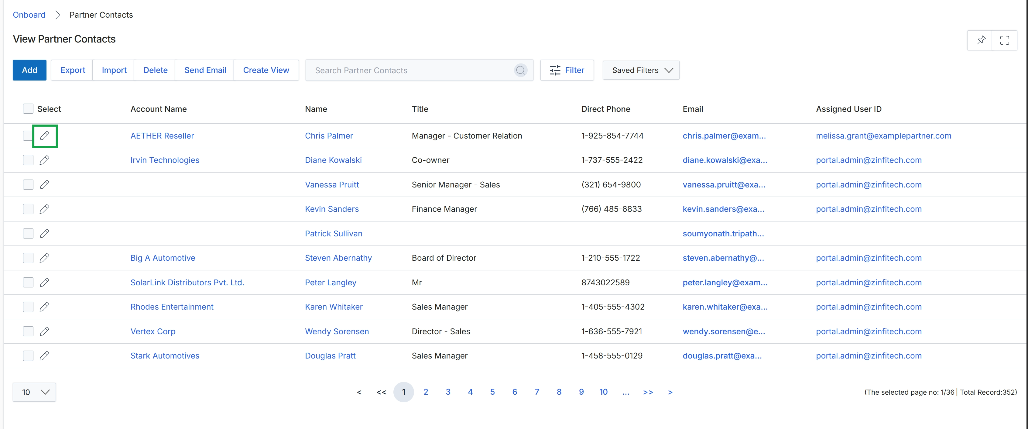 View Partner Contacts list with edit icon highlighted