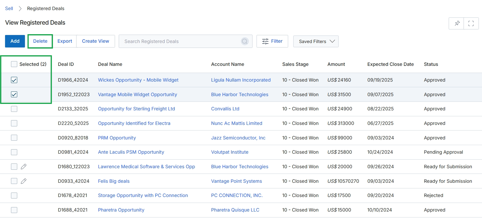 Registered Deals list with selected items