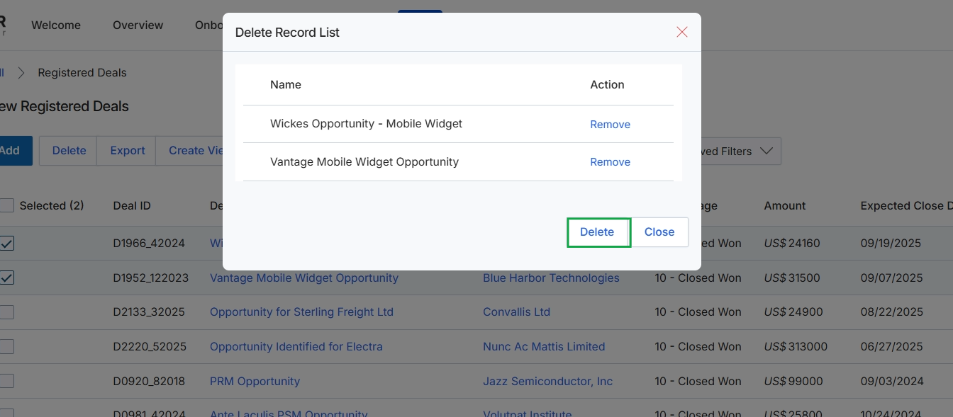 Delete Registered Deals confirmation dialog