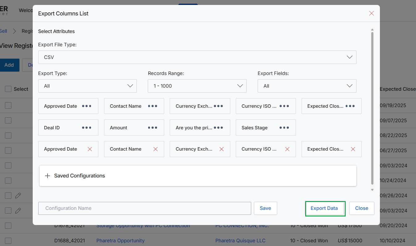 Export Columns List dialog