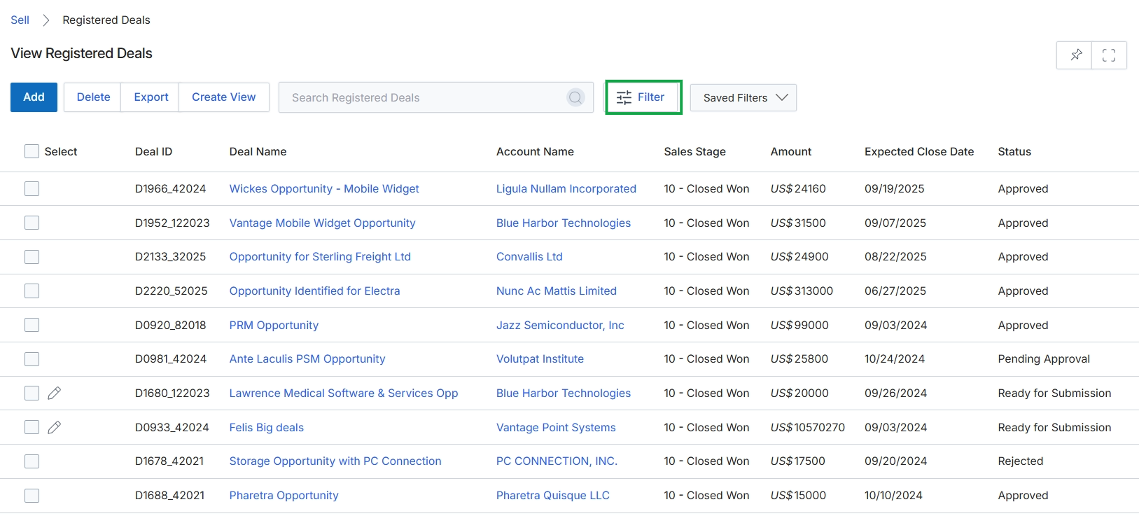 Registered Deals list view with Filter button highlighted