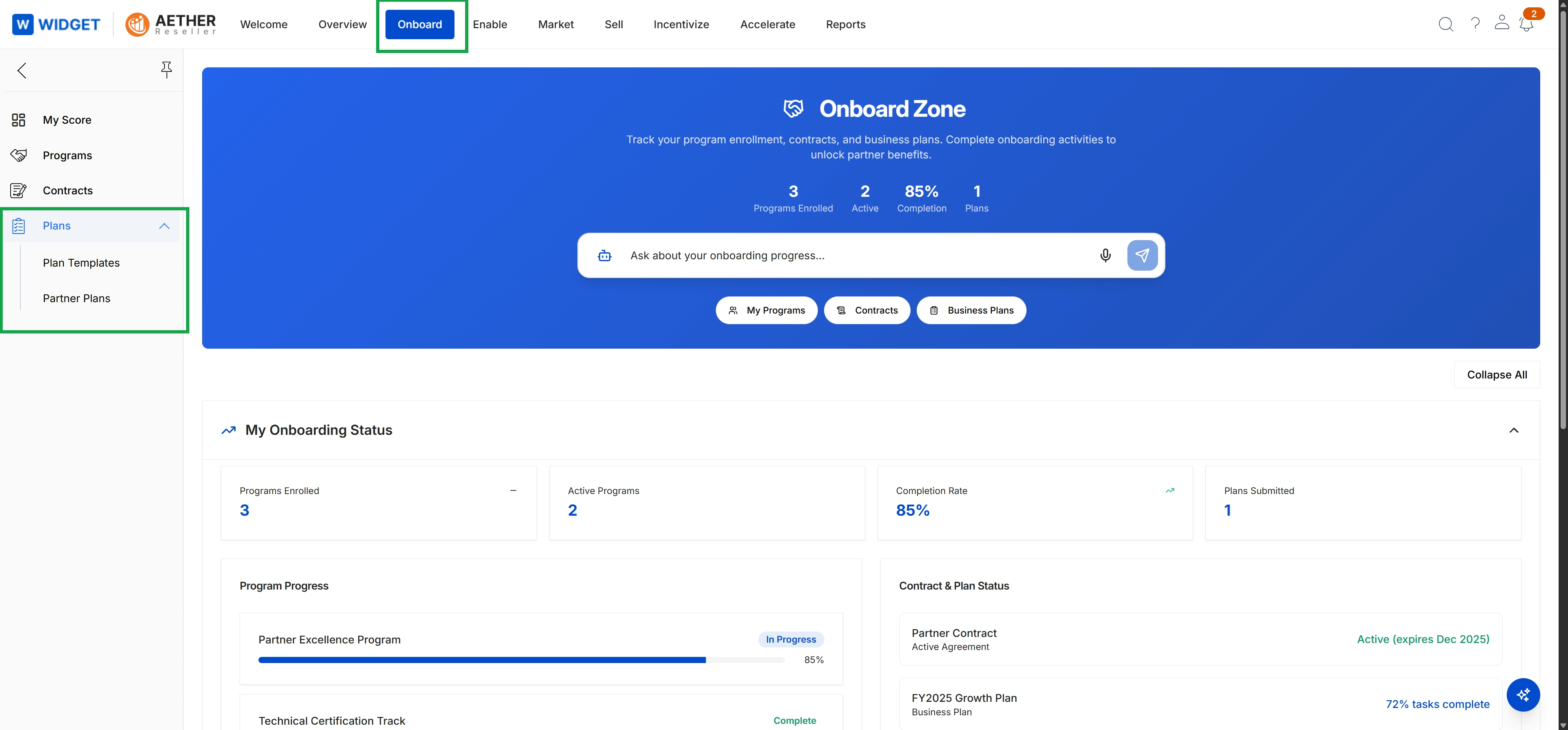 Onboard module landing page with Plans menu expanded
