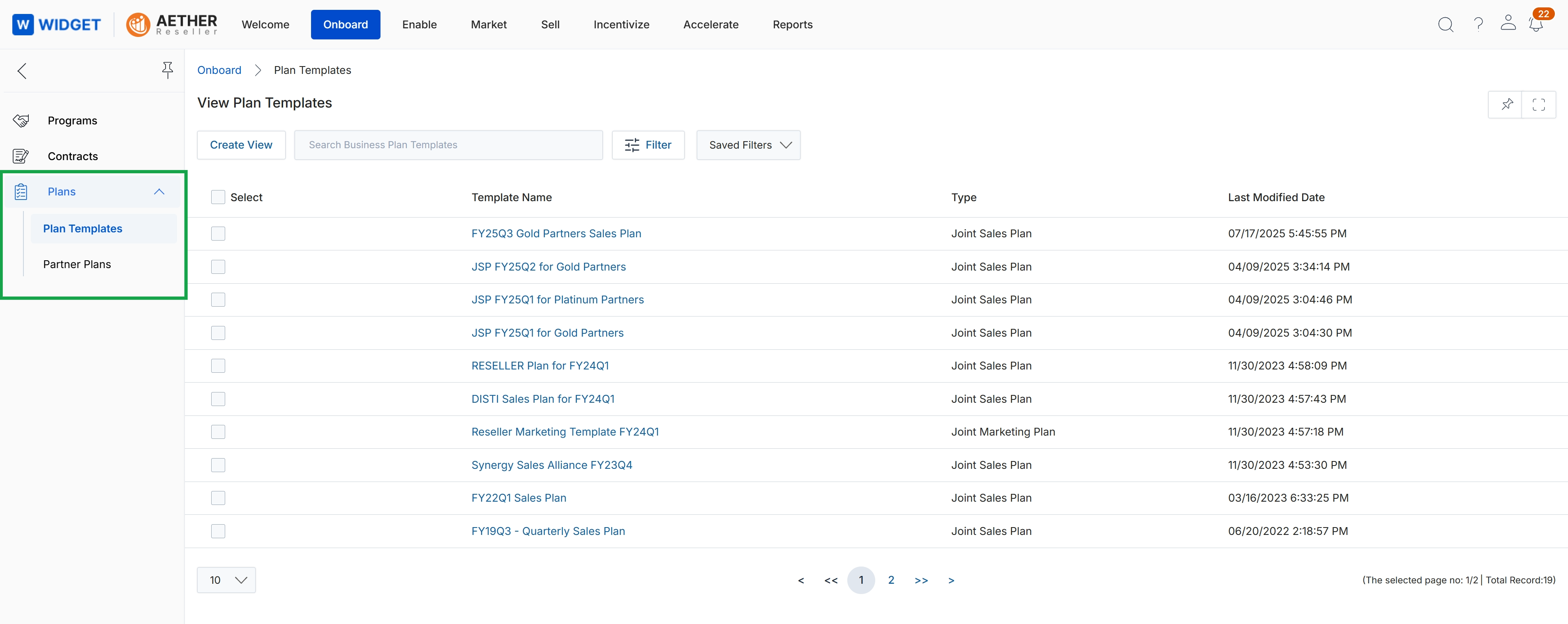 Business plan templates list view