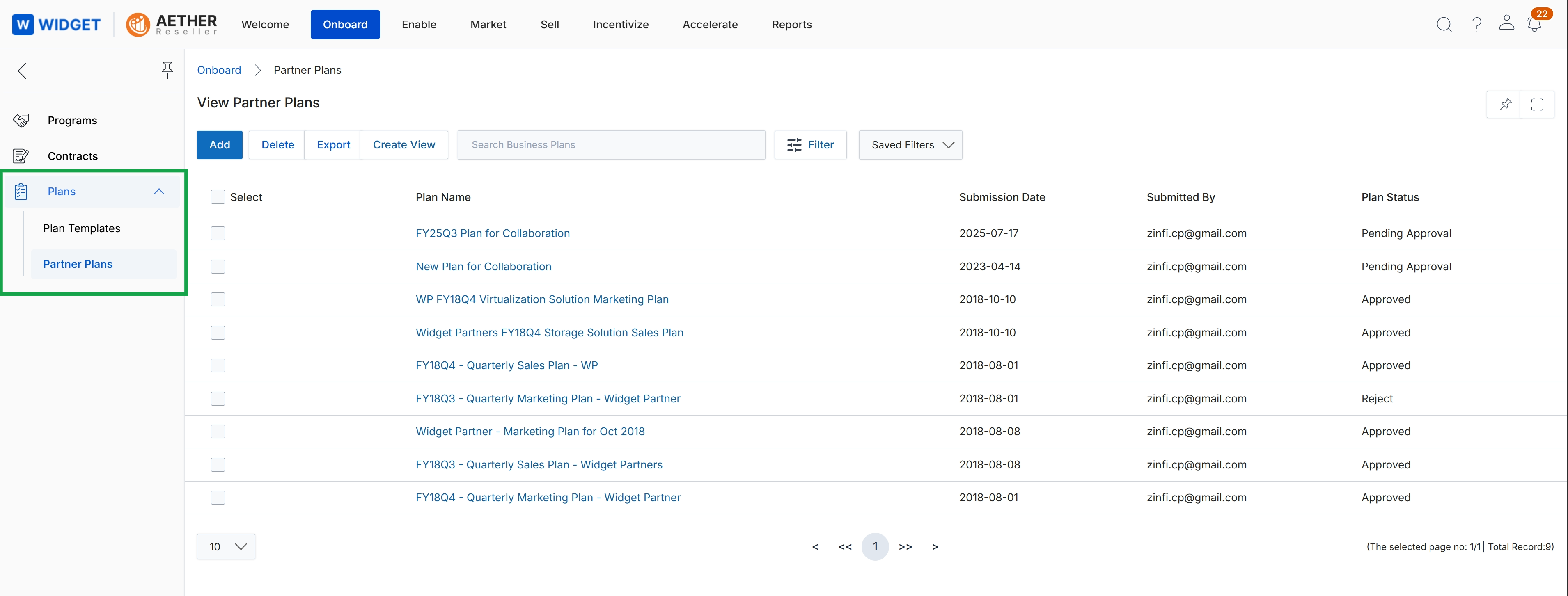 Partner business plans list view