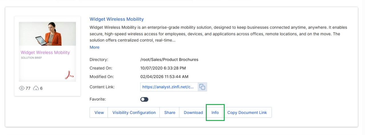 Click Info to view the content details page.