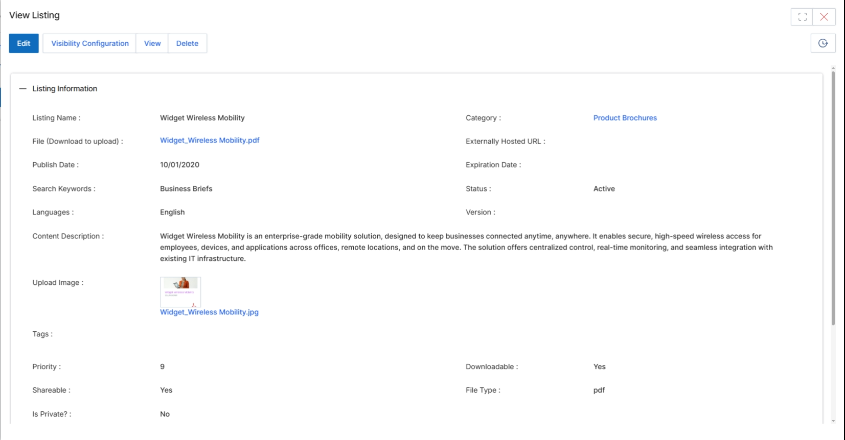 This screen displays the detailed information for a specific content listing within the UPM Content Library. The Content Library, part of the Enable module, serves as a central repository for all partner-facing assets, including product brochures, solution briefs, training materials, and other marketing or sales collateral. This detailed view provides administrators with a comprehensive overview of the content's metadata, visibility settings, and associated files, allowing them to manage and verify its properties. It is crucial for ensuring that partners have access to accurate and relevant resources, supporting their enablement and co-selling efforts. The information presented here directly reflects the configuration set during content creation or editing, impacting how the asset is categorized, searched, and presented within the partner portal.