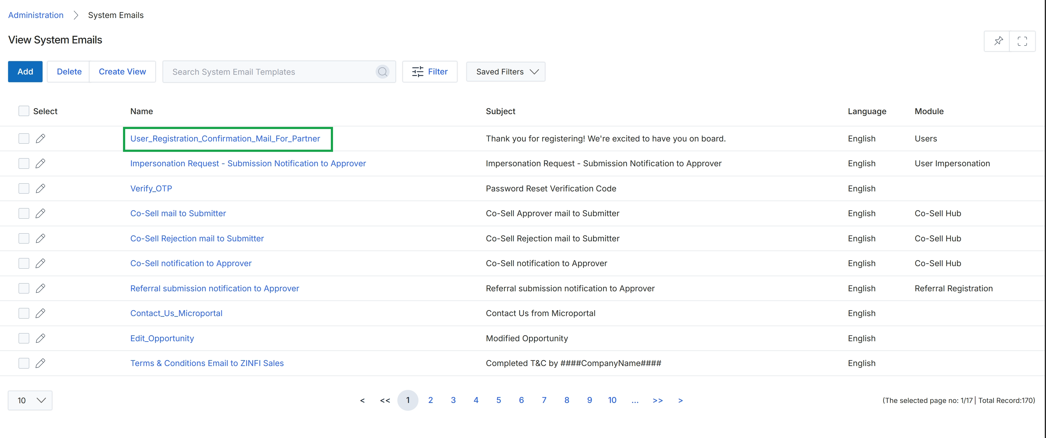 System Emails list view