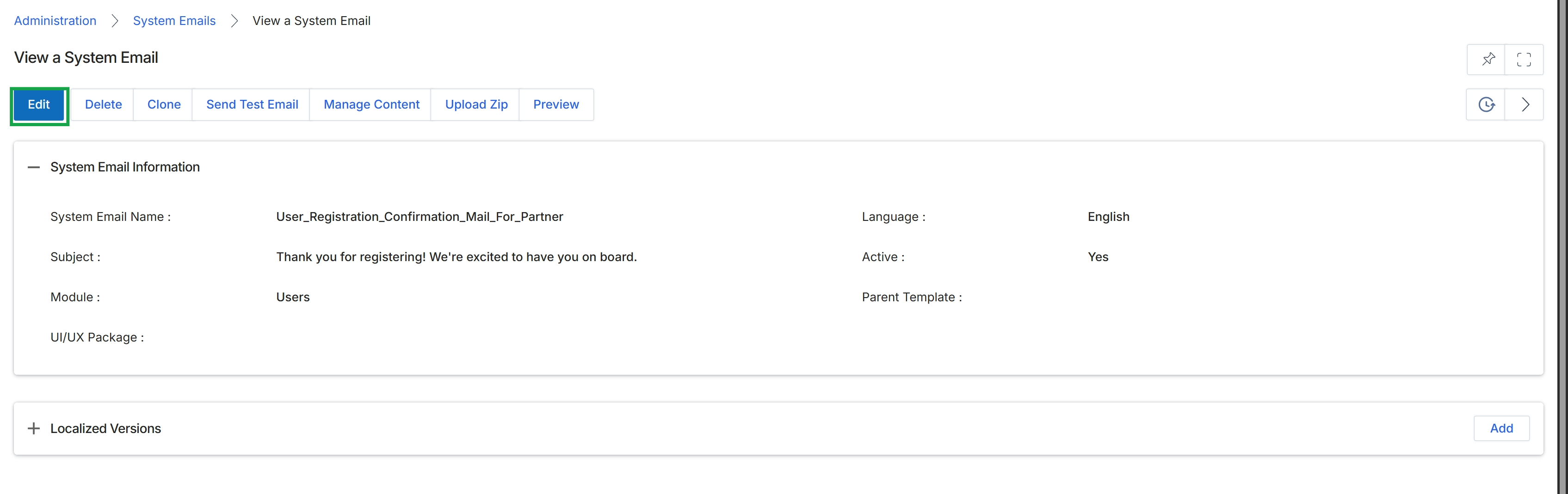 View a System Email page with Edit button highlighted