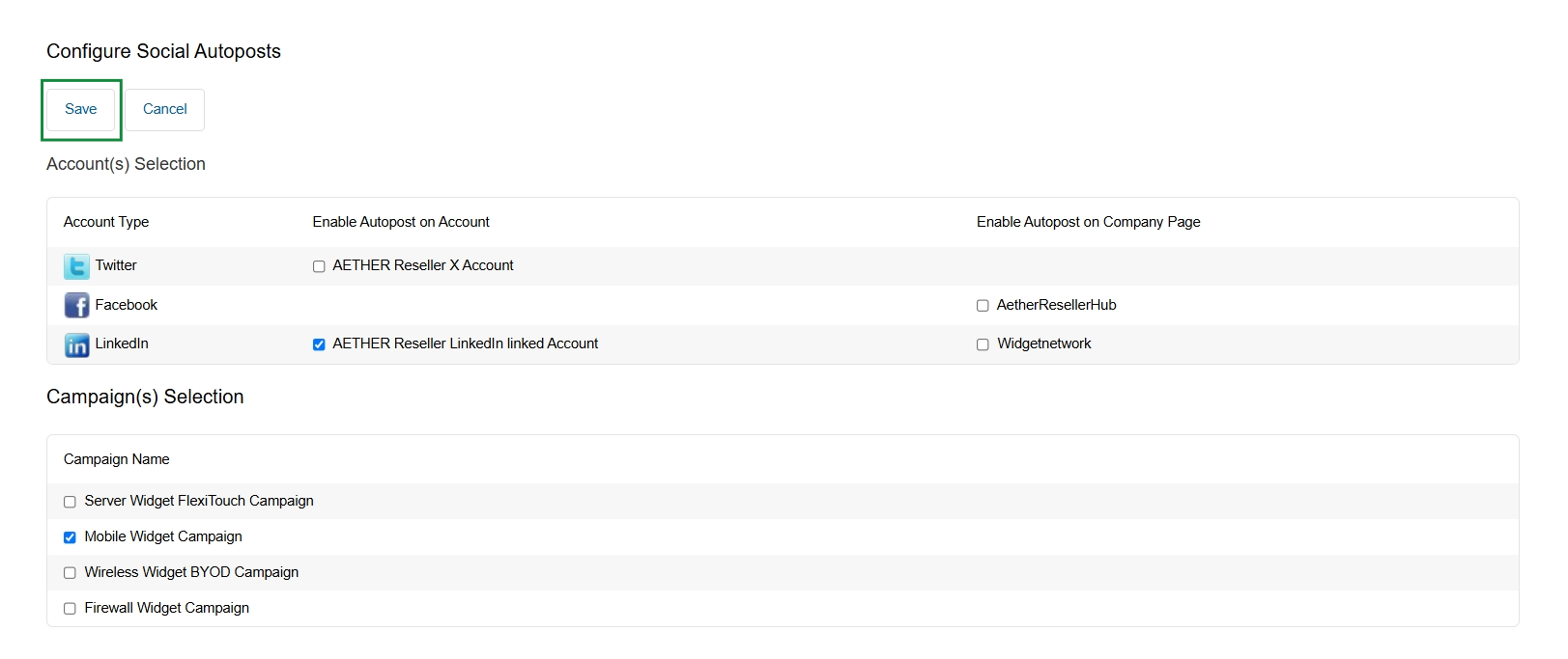 Social autopost configuration settings