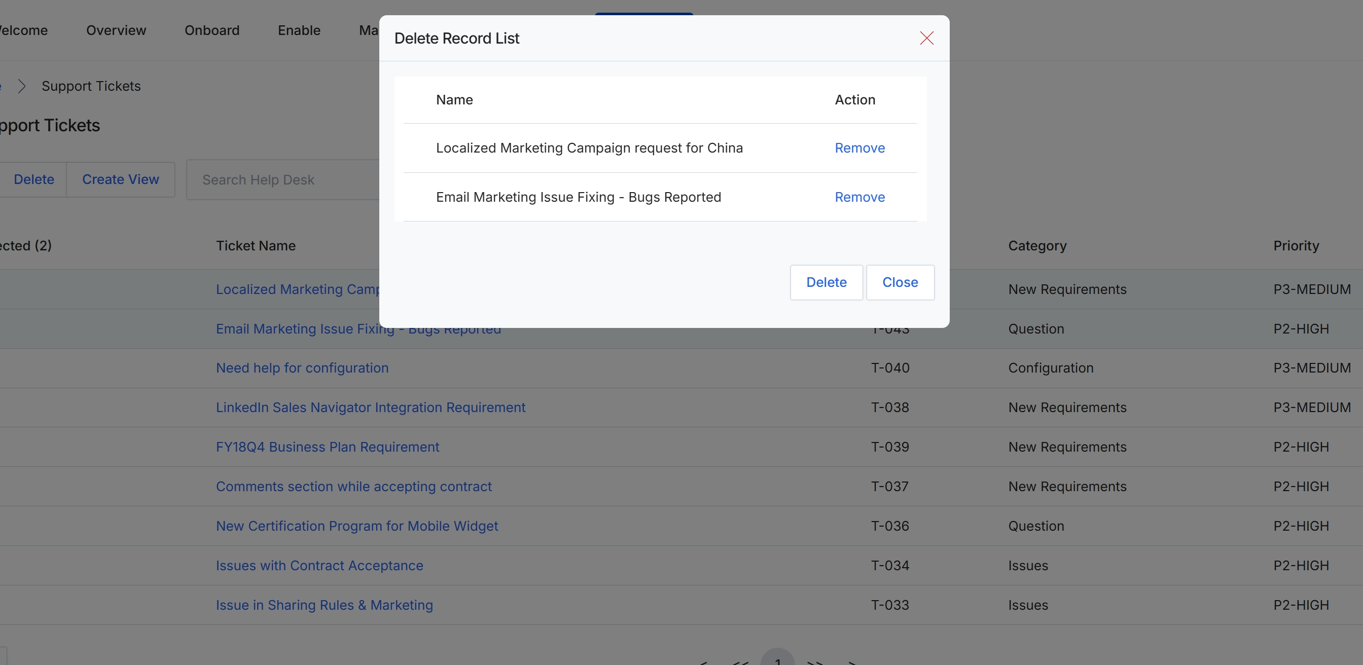 Delete support tickets confirmation dialog