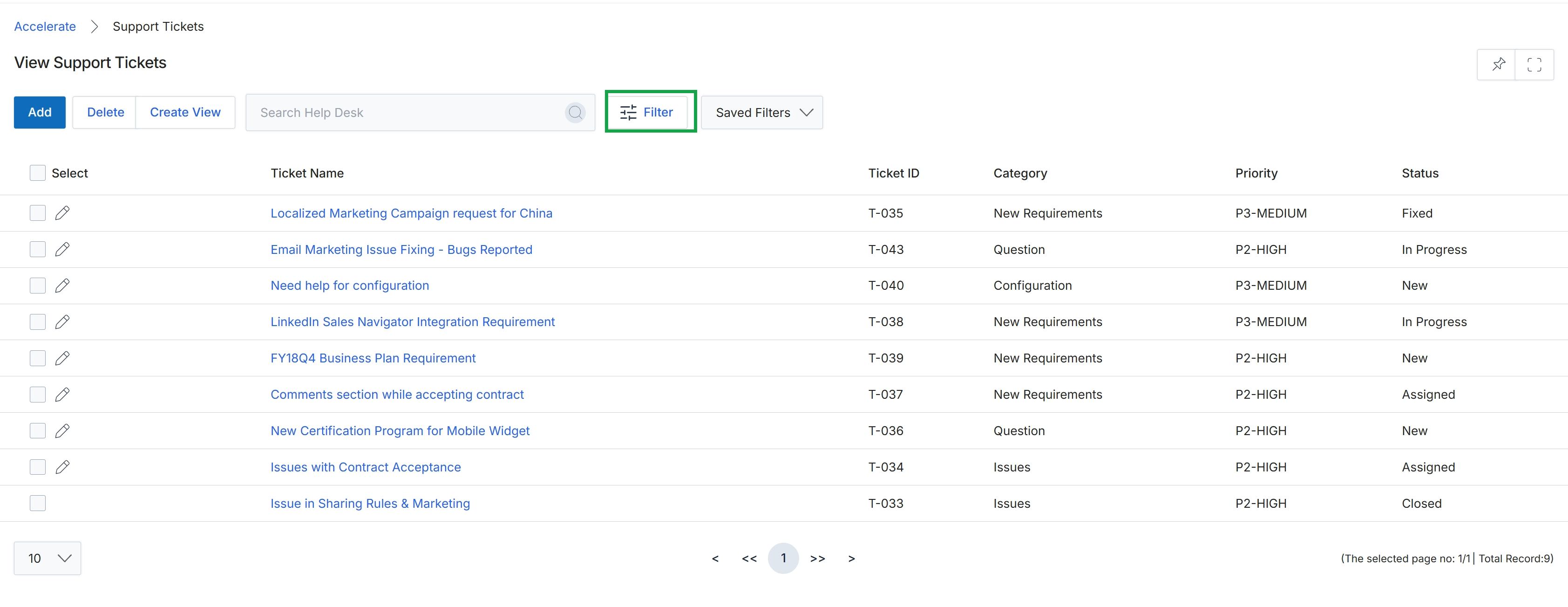 View Support Tickets page with filter panel closed