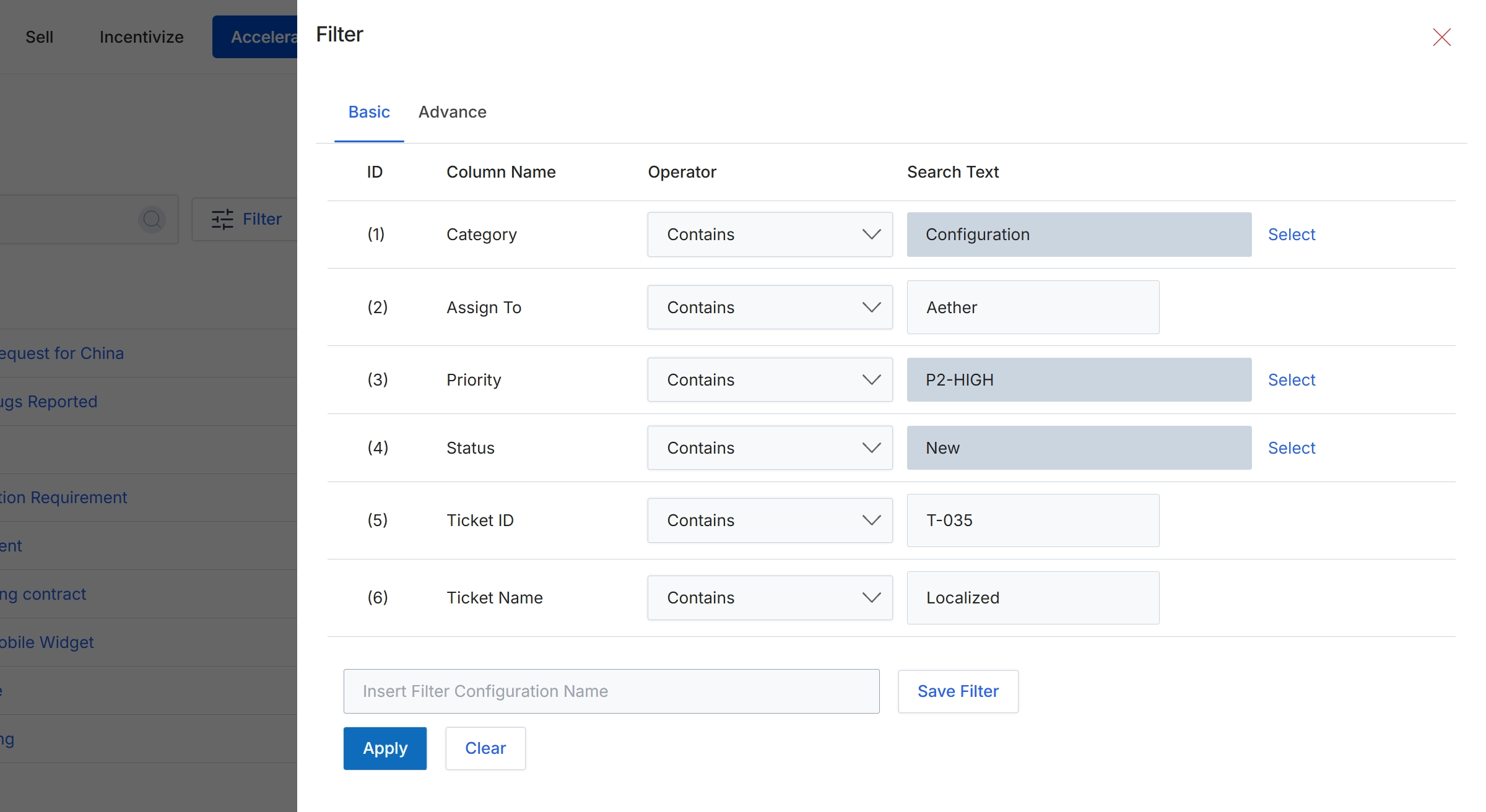 Support Ticket Filter modal