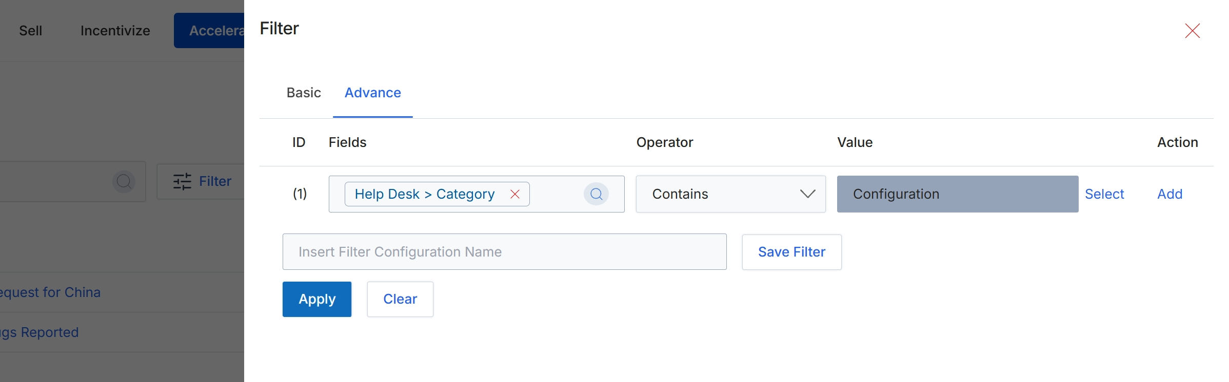 Filter configuration dialog