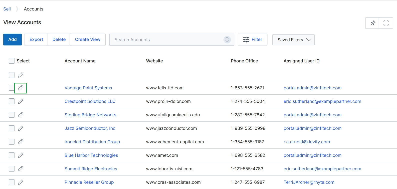 View Accounts list with edit icons
