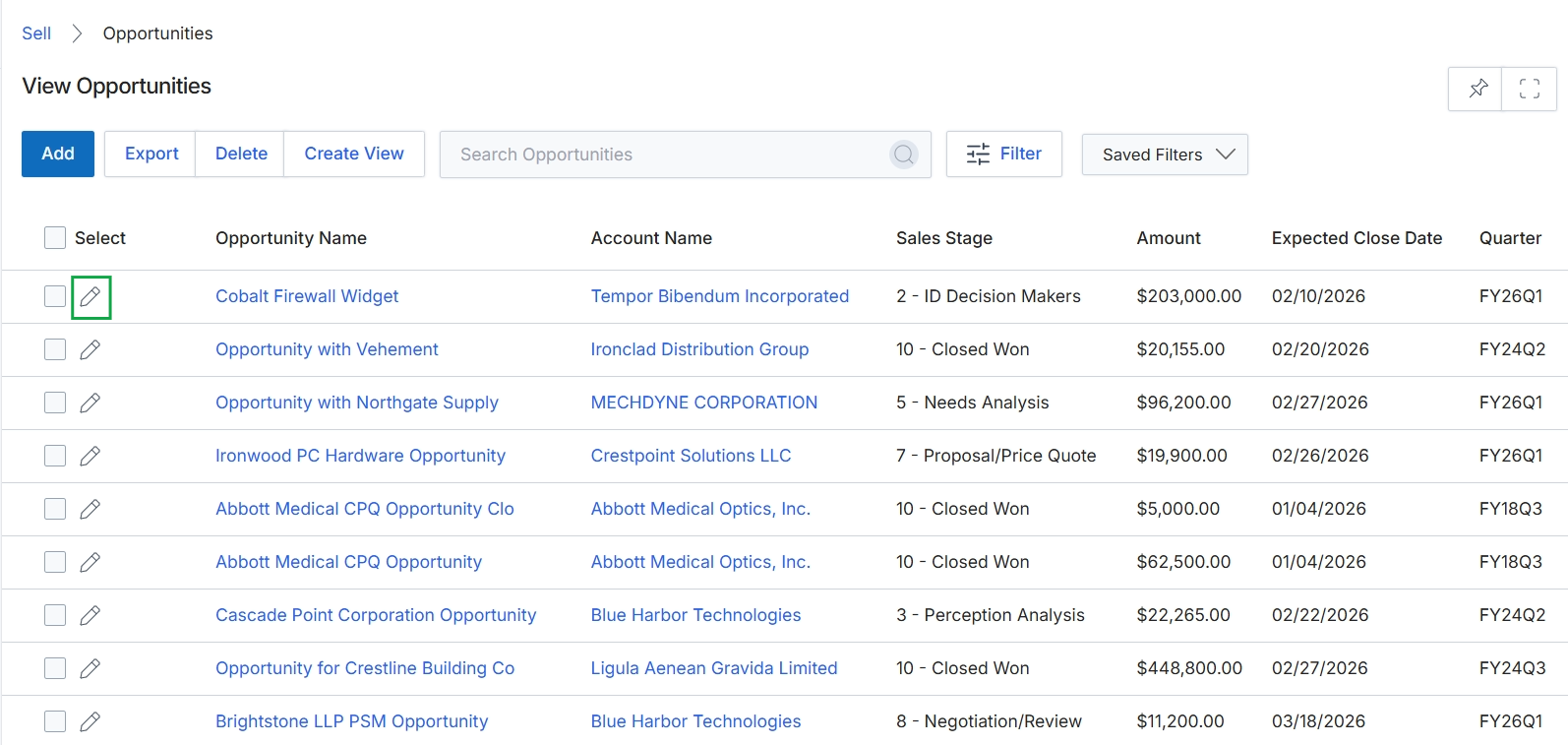 Opportunities list view with edit icon highlighted