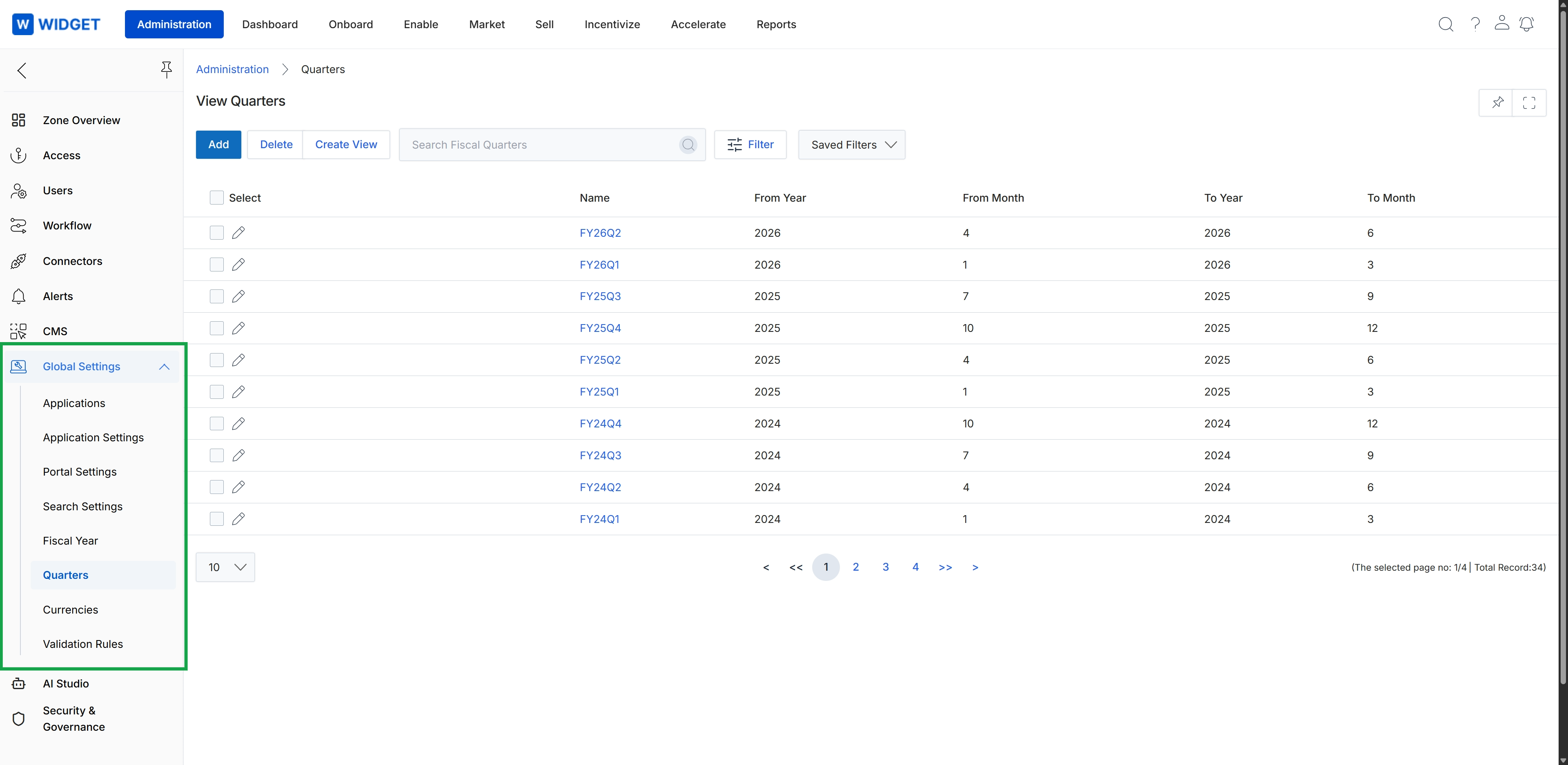 Administration module with Global Settings expanded