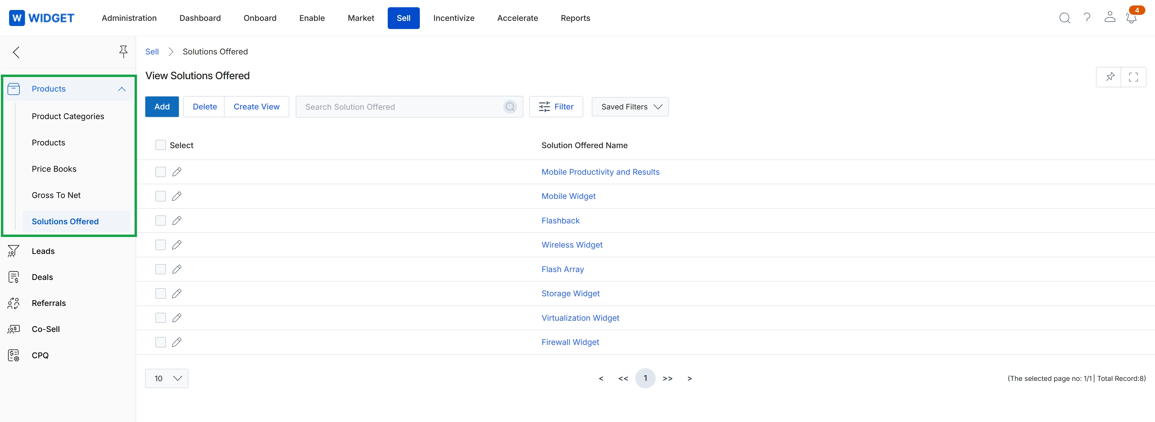 Solutions Offered list view