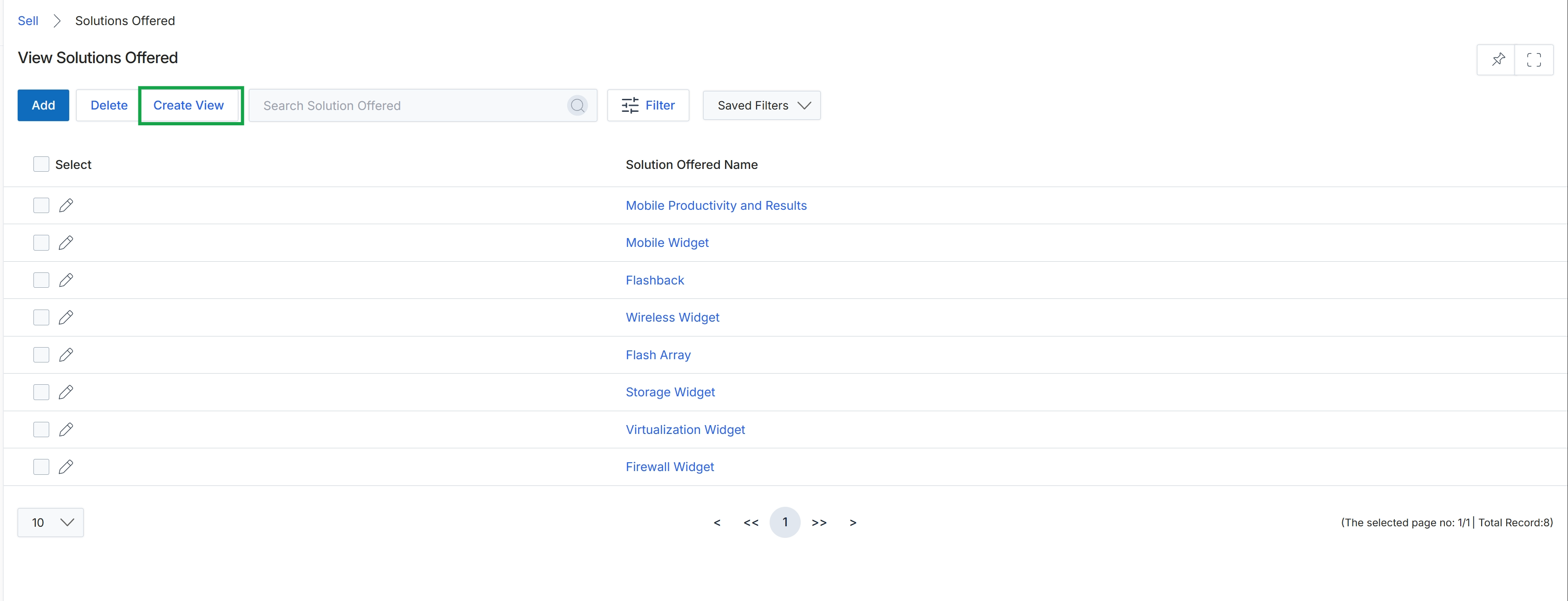 Solutions Offered list view