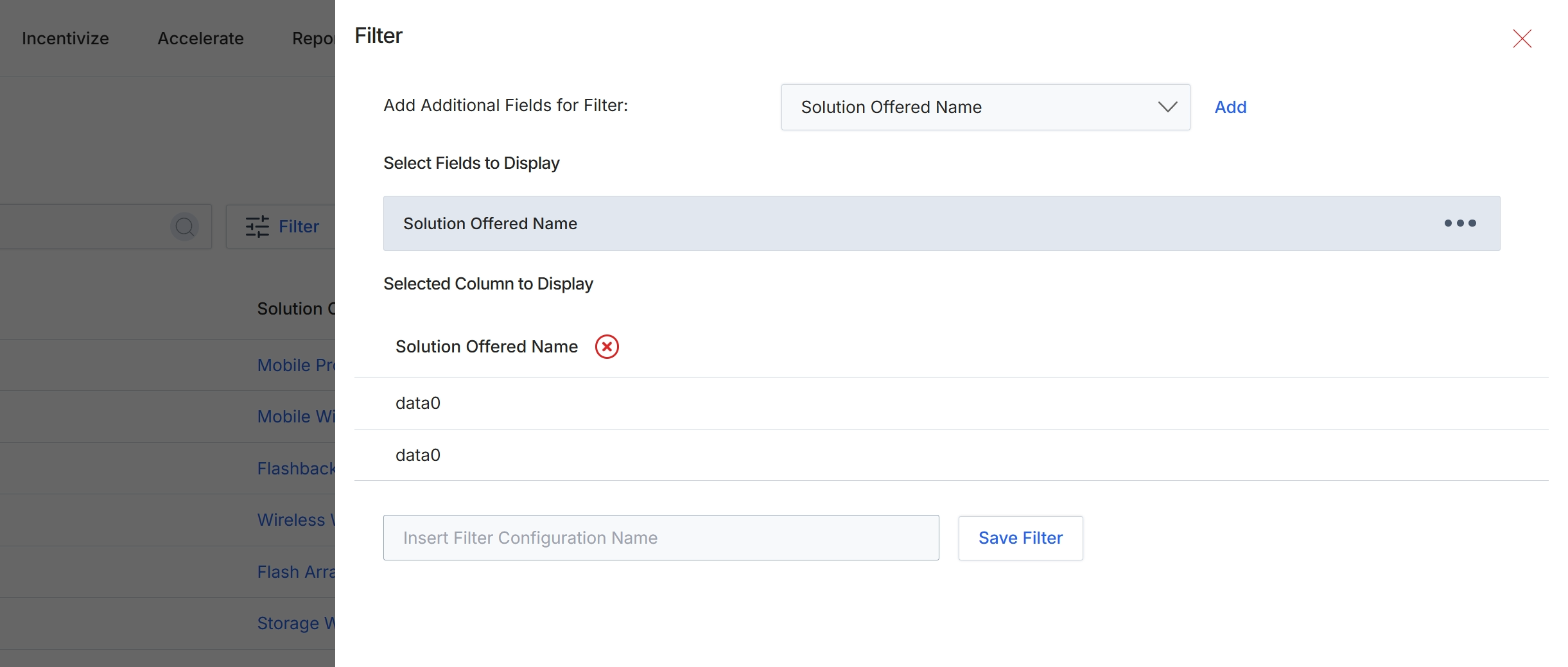 Filter configuration dialog for Solutions Offered