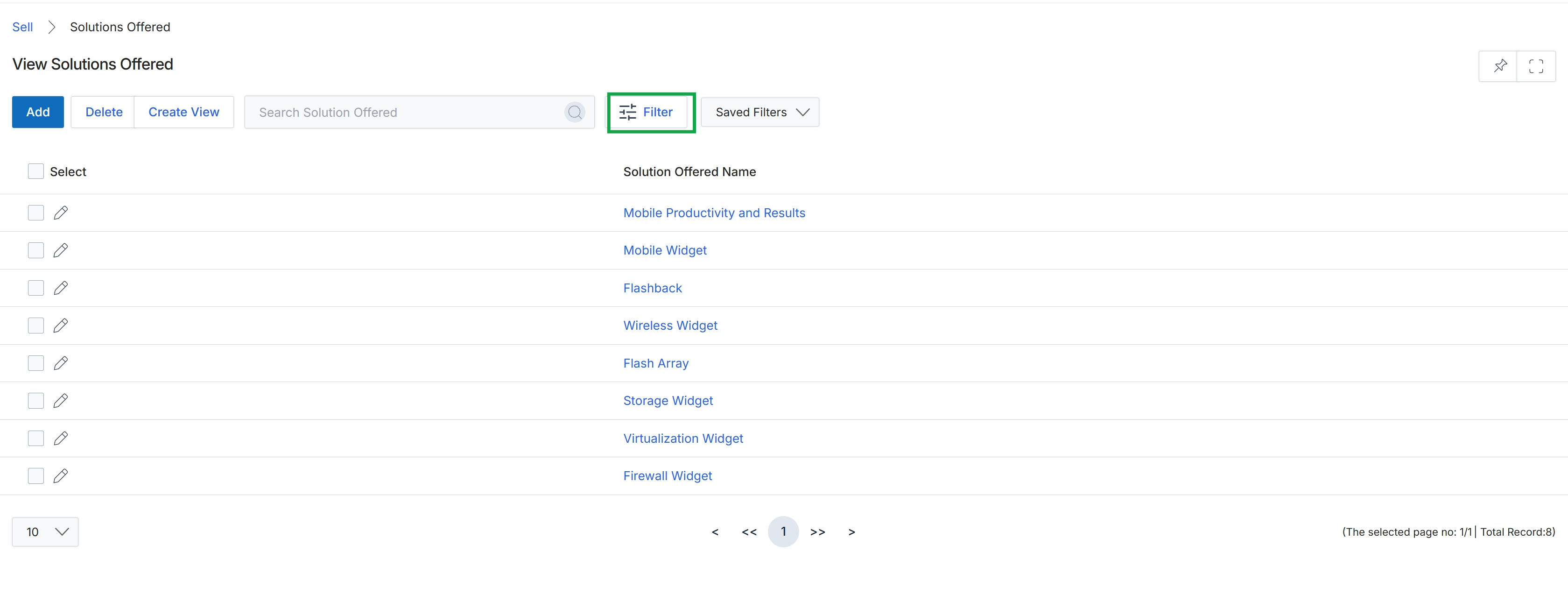 View Solutions Offered list page