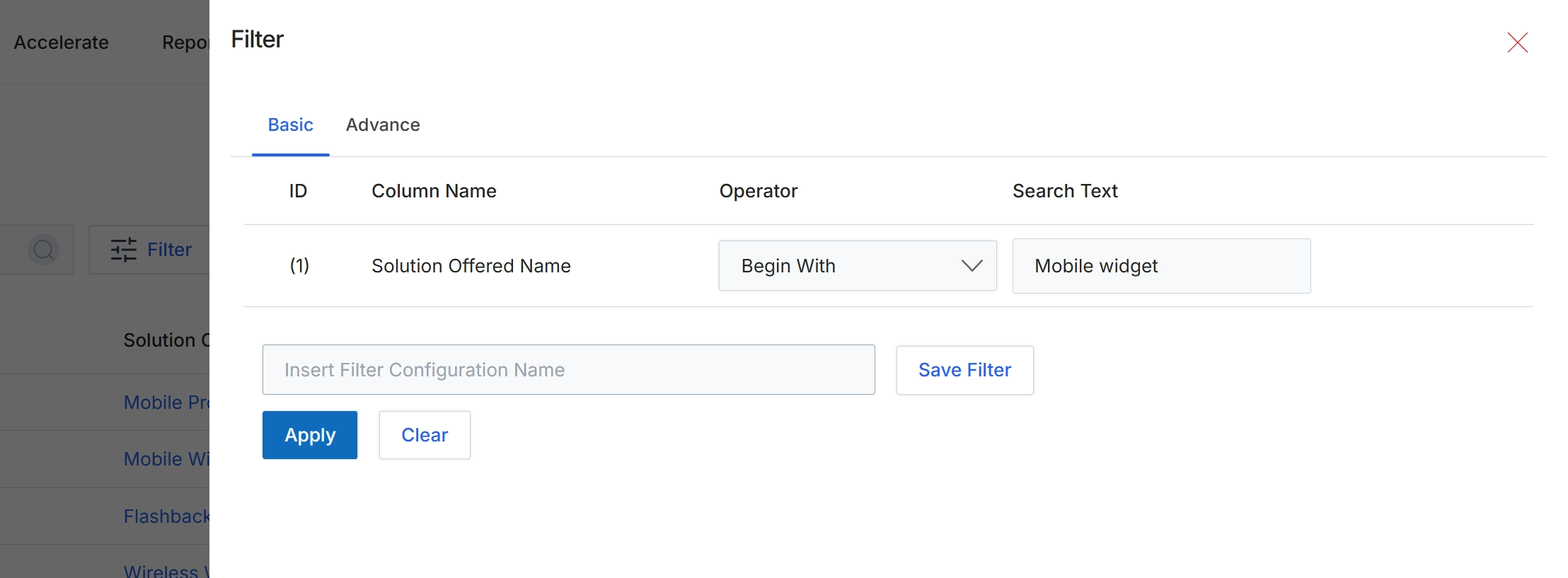 Filter configuration dialog