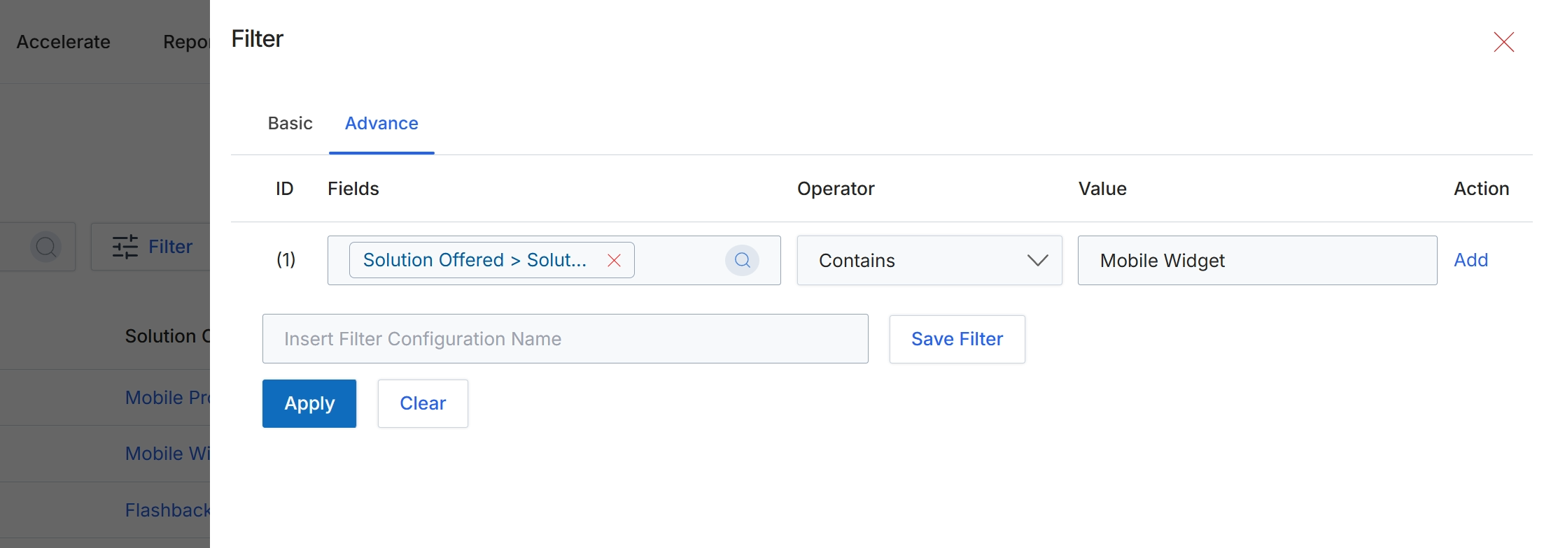 Advanced Filter dialog for Solutions Offered