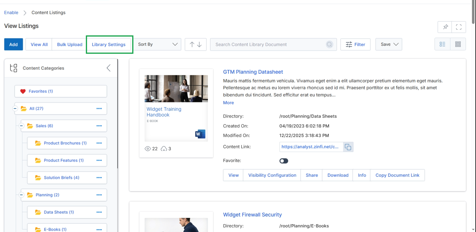 Click Library Settings to access the configuration settings for the content library.