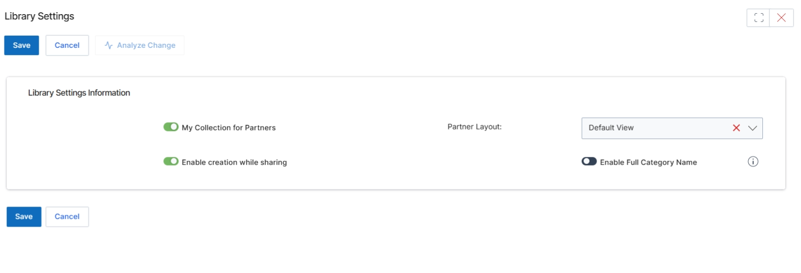 The Library Settings screen allows vendor administrators to configure global parameters for the content library within the Enable module. These settings control how partners interact with content, including their ability to organize materials and the display options for content categories. Adjustments made here affect the partner-side experience of browsing and utilizing assets and learning materials, ensuring that the content library aligns with the vendor's partner enablement strategy. These configurations are critical for maintaining a structured and user-friendly content environment for partners.