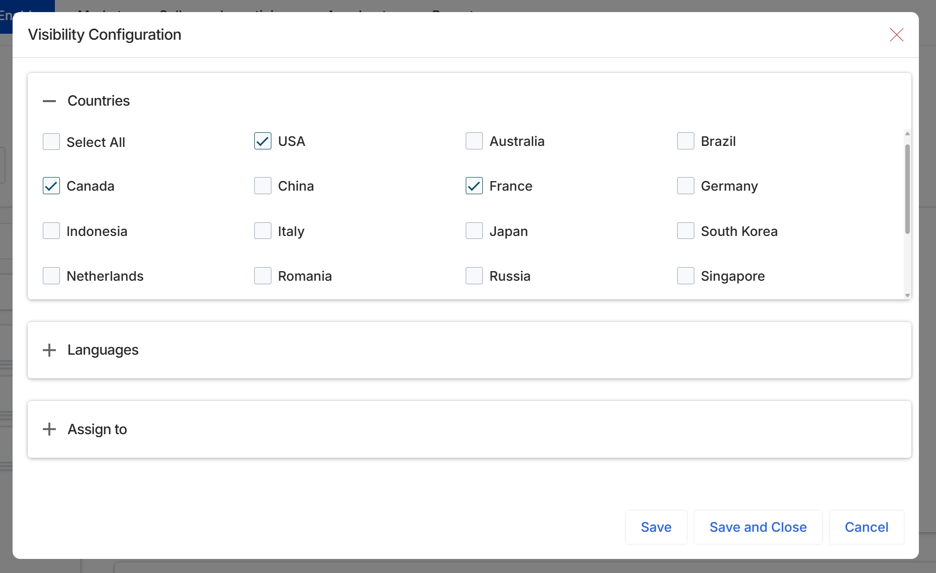 Video Visibility Configuration dialog