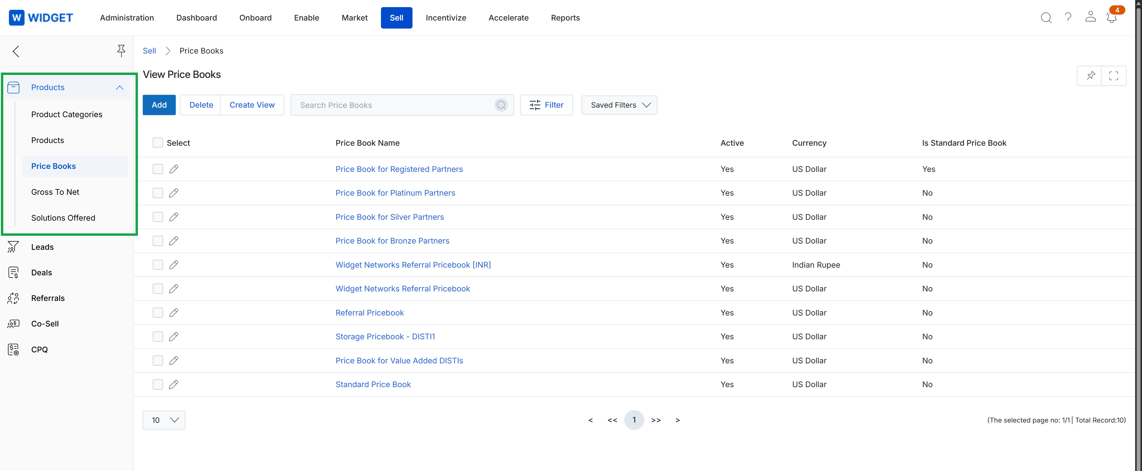 Sell module with Products section expanded