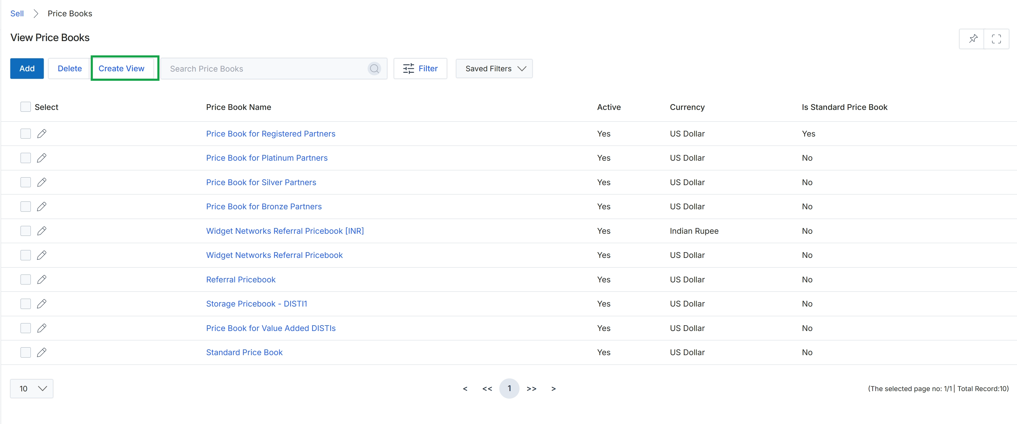 Price Books list view with Create View highlighted