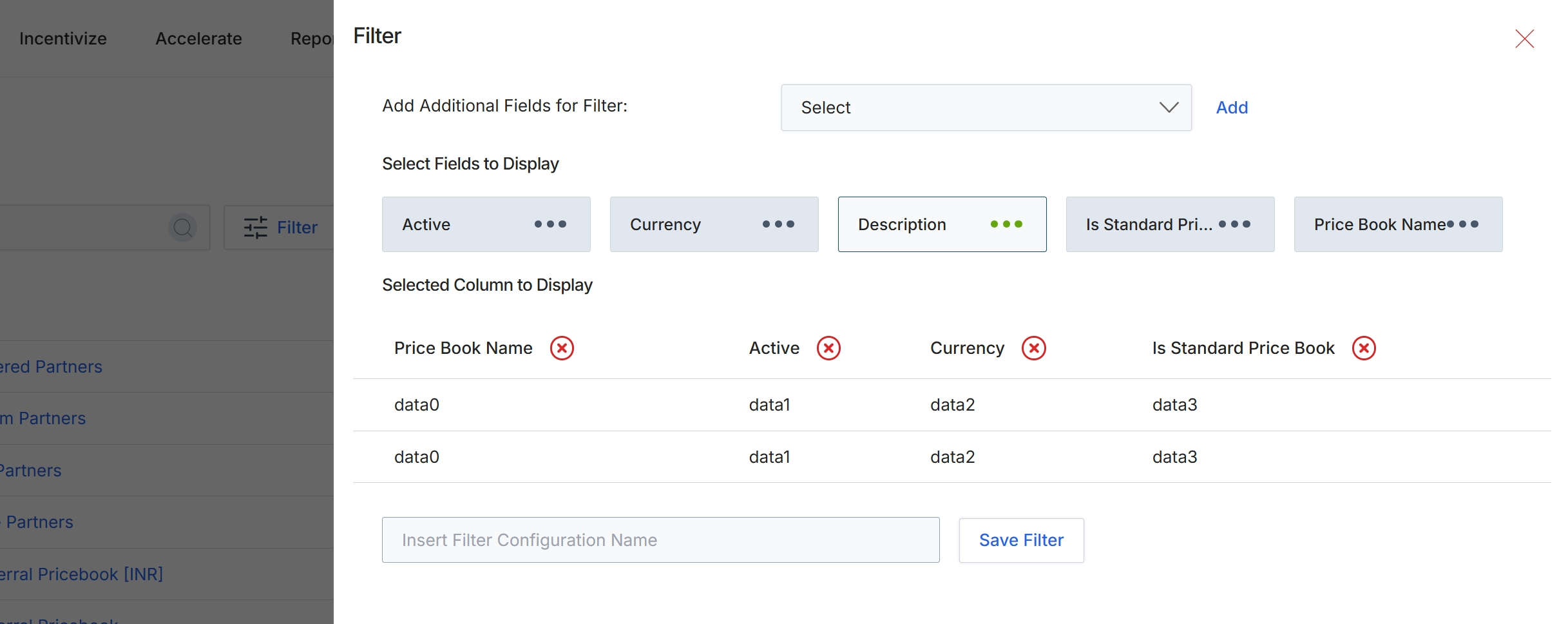 Filter configuration panel for Price Books
