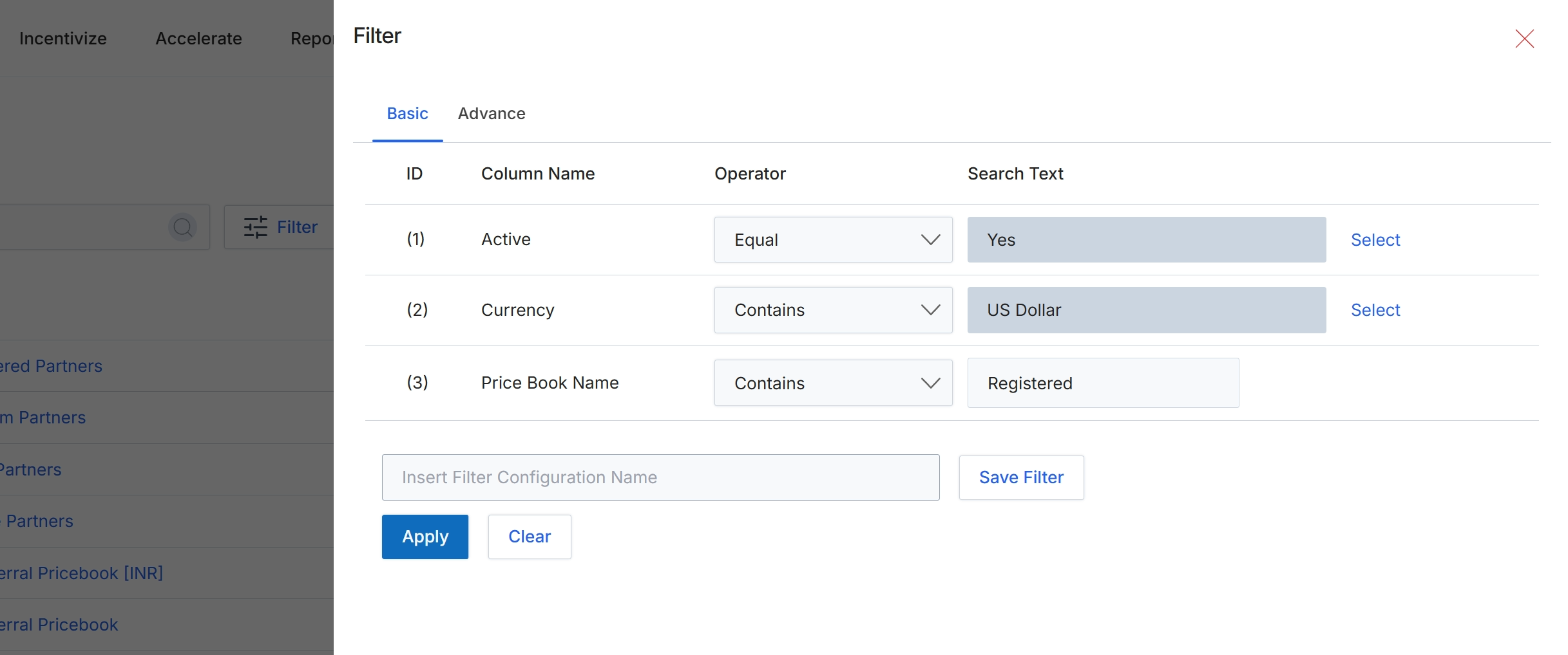 Filter Price Book dialog