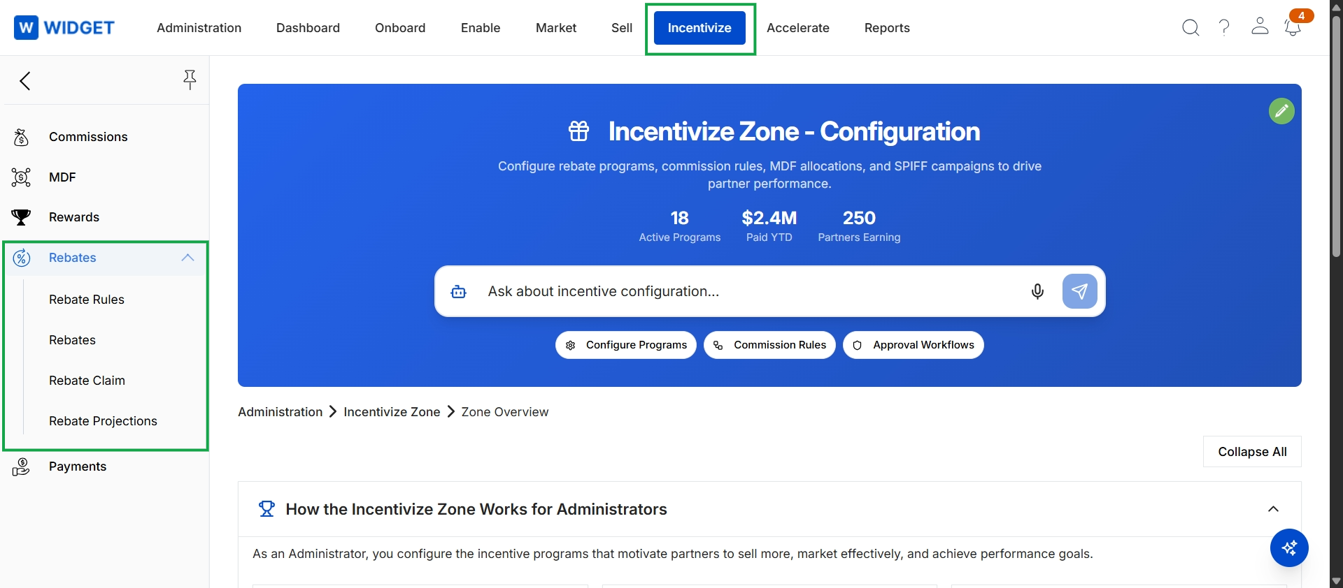 Incentivize Zone Overview with Rebates menu expanded