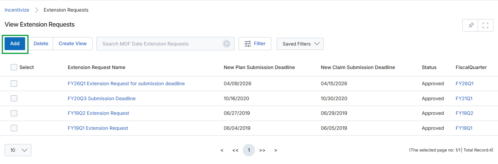 Extension Requests list view