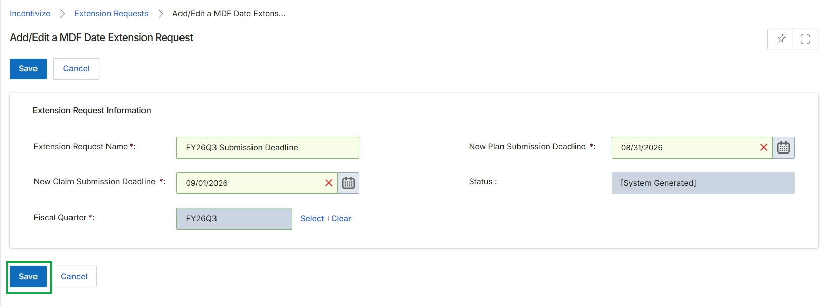 Add/Edit MDF Date Extension Request form