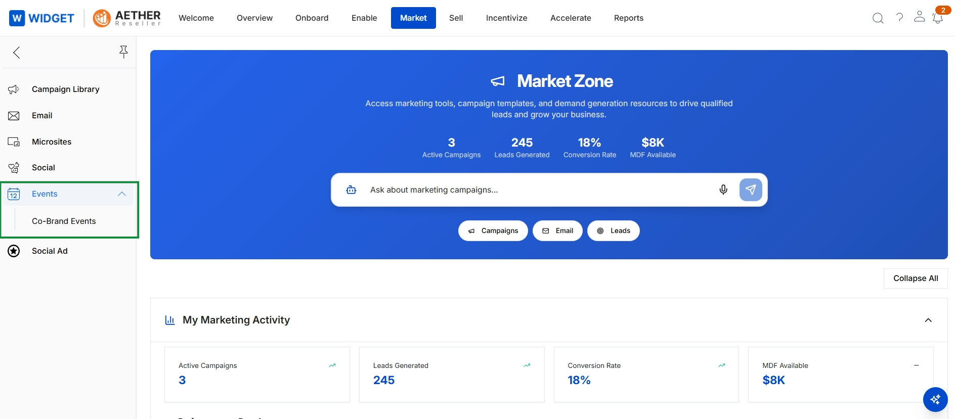 Market Zone with Events menu expanded