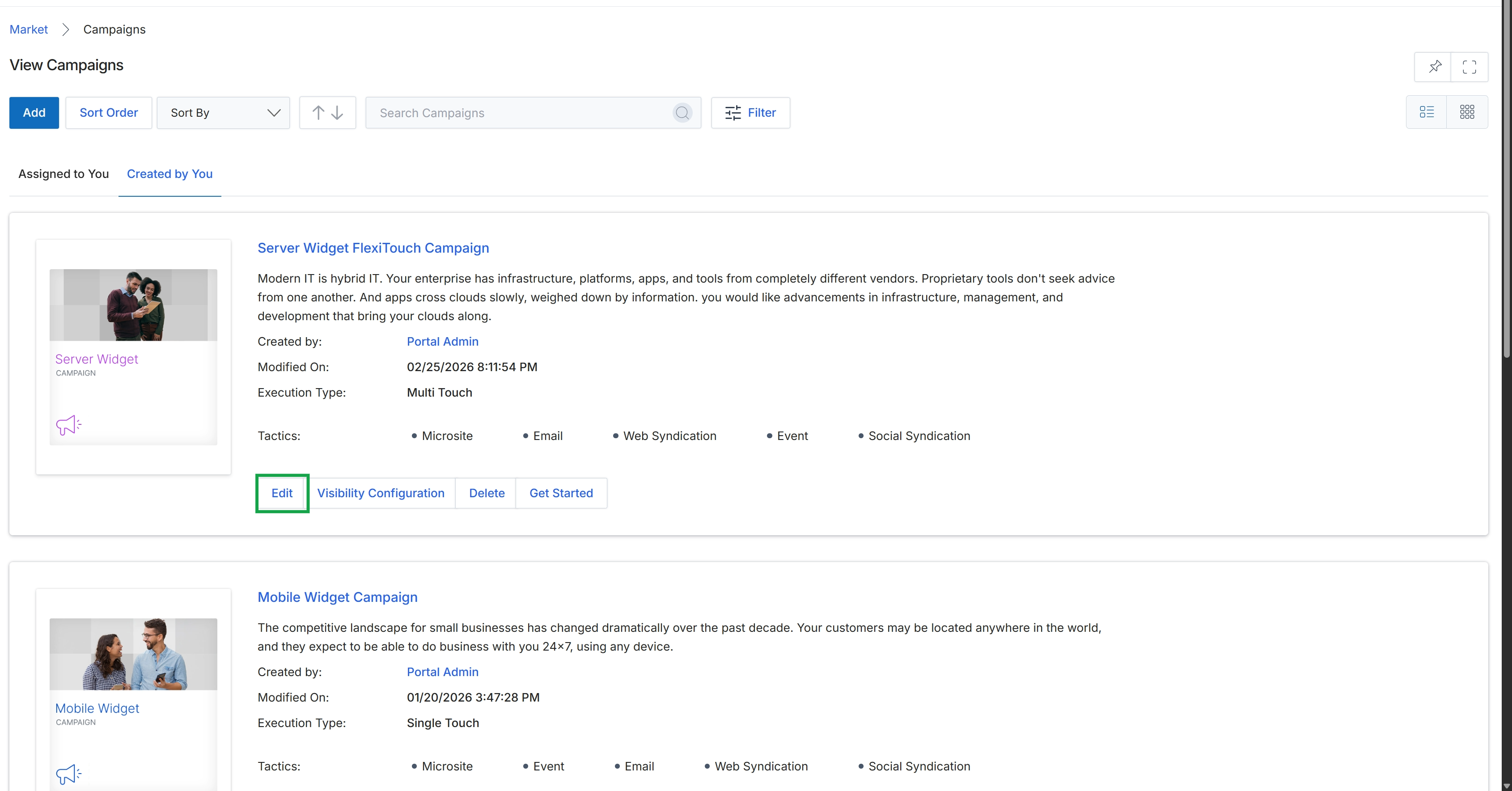 View Campaigns list with campaign details
