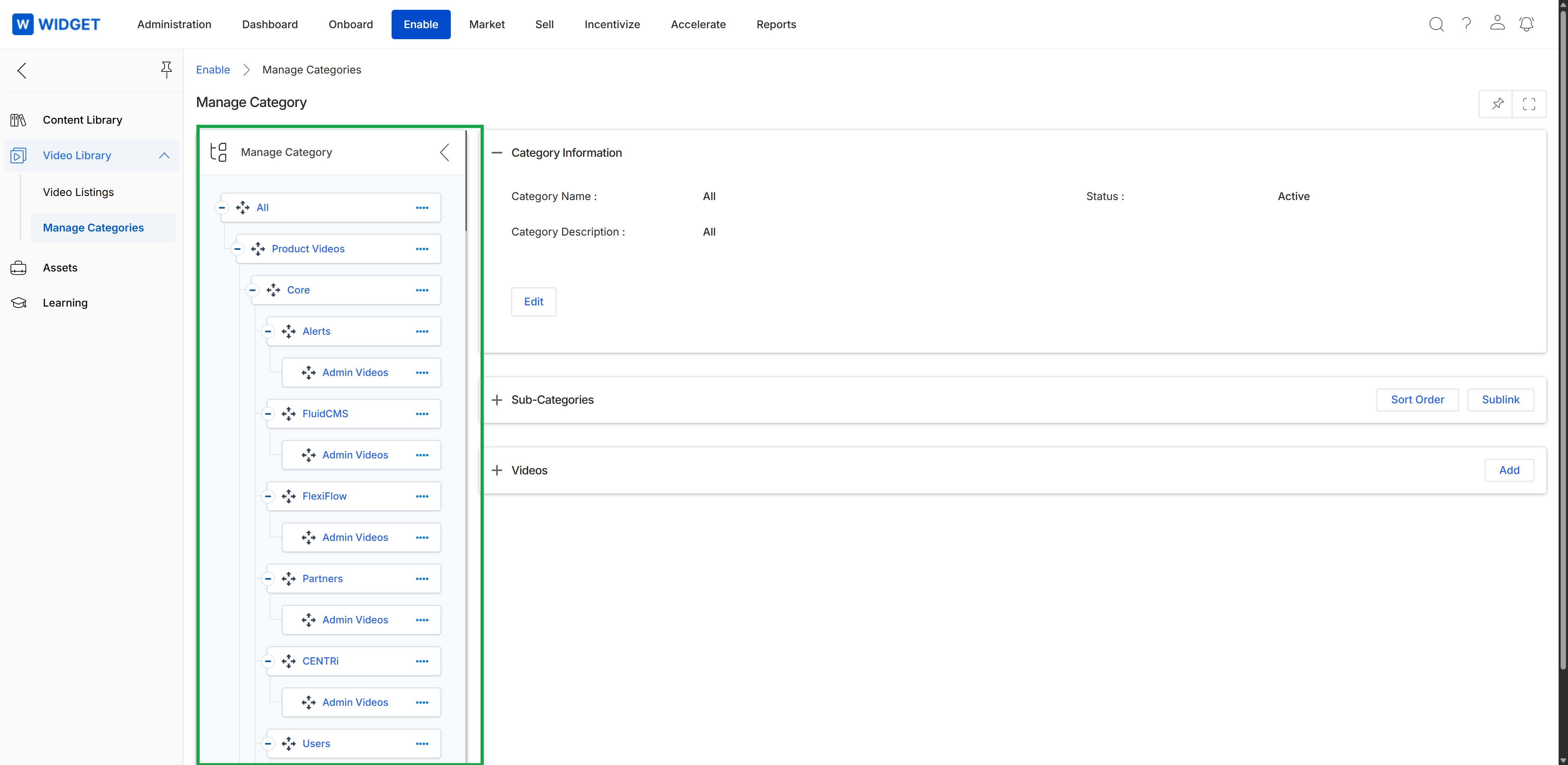 Manage Categories screen for Video Library