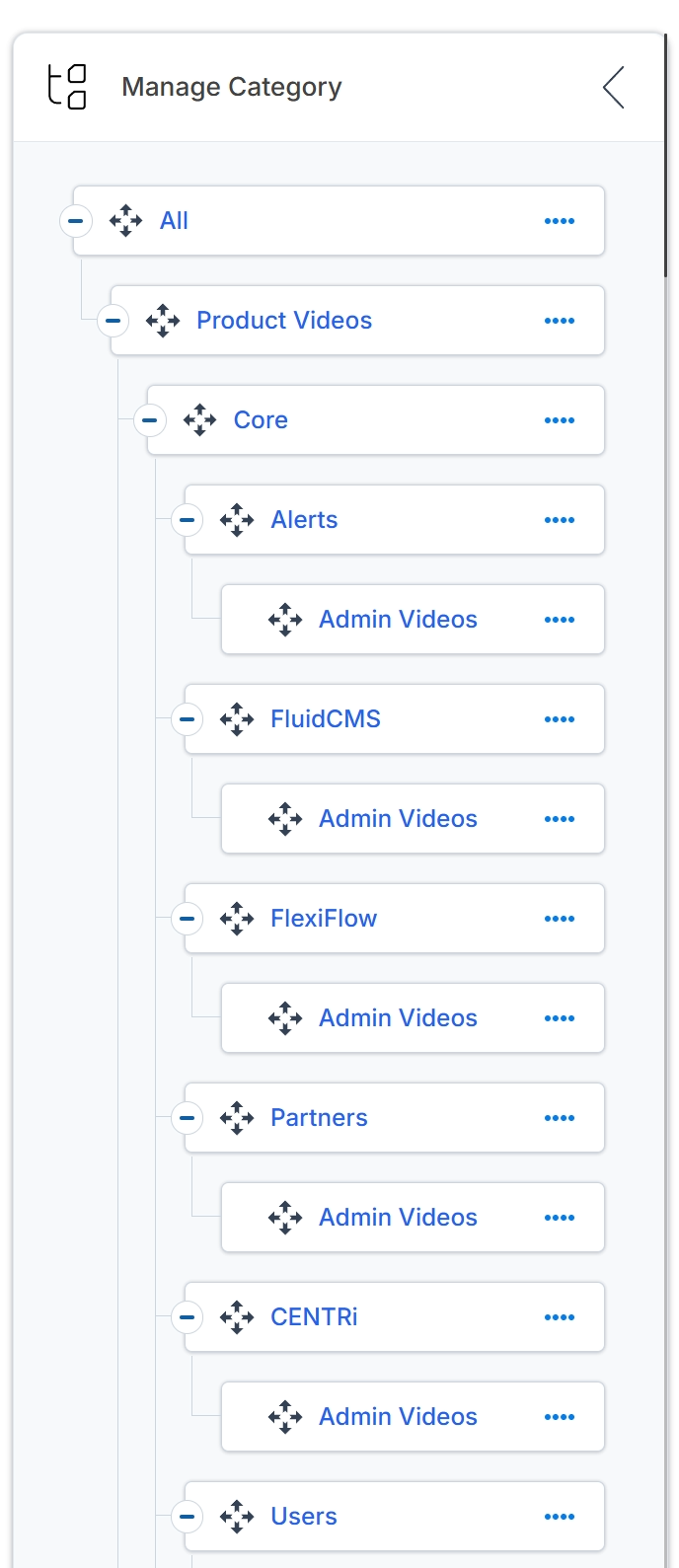 Manage Video Category screen