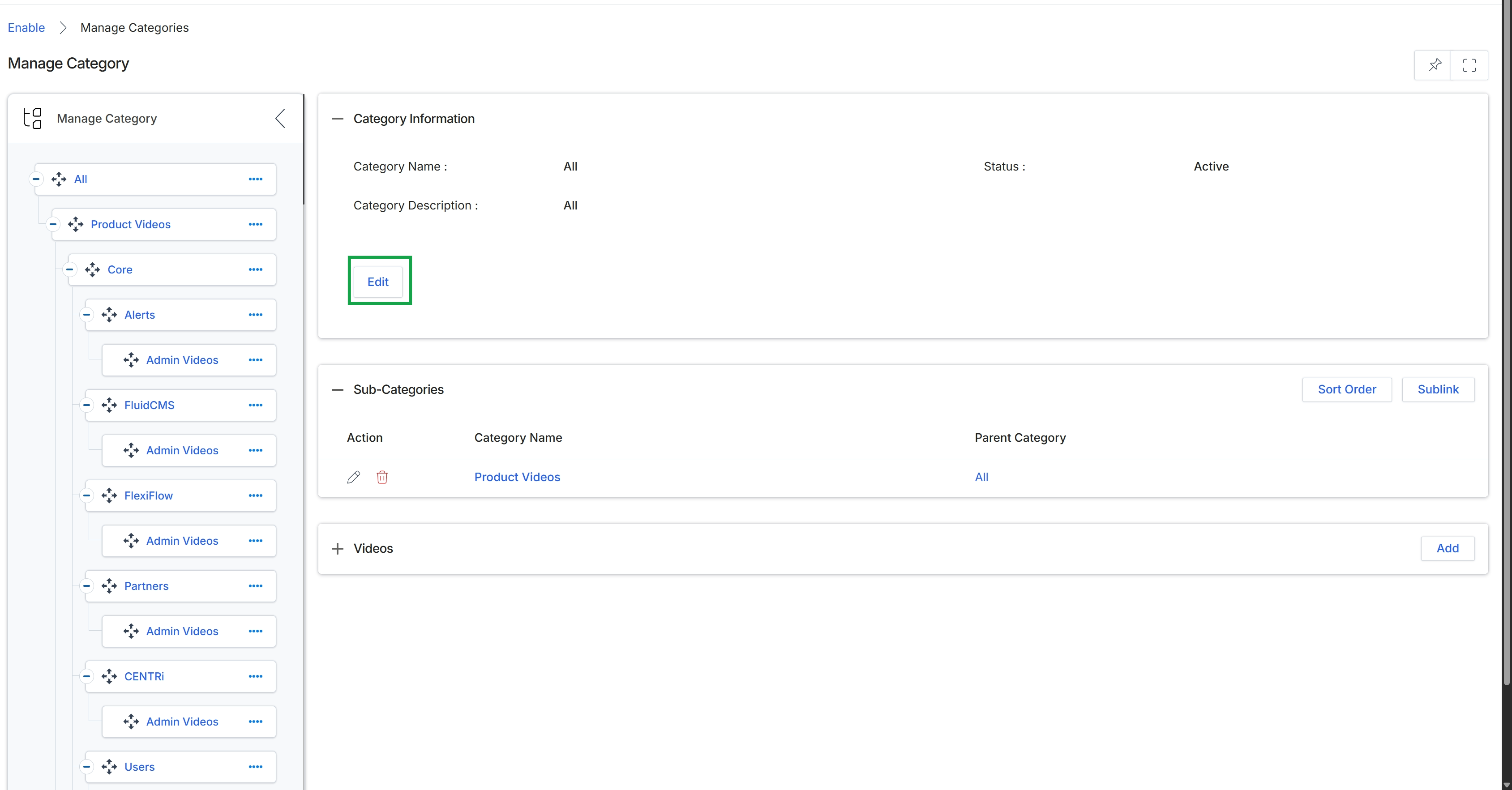Manage Categories screen with Edit button highlighted