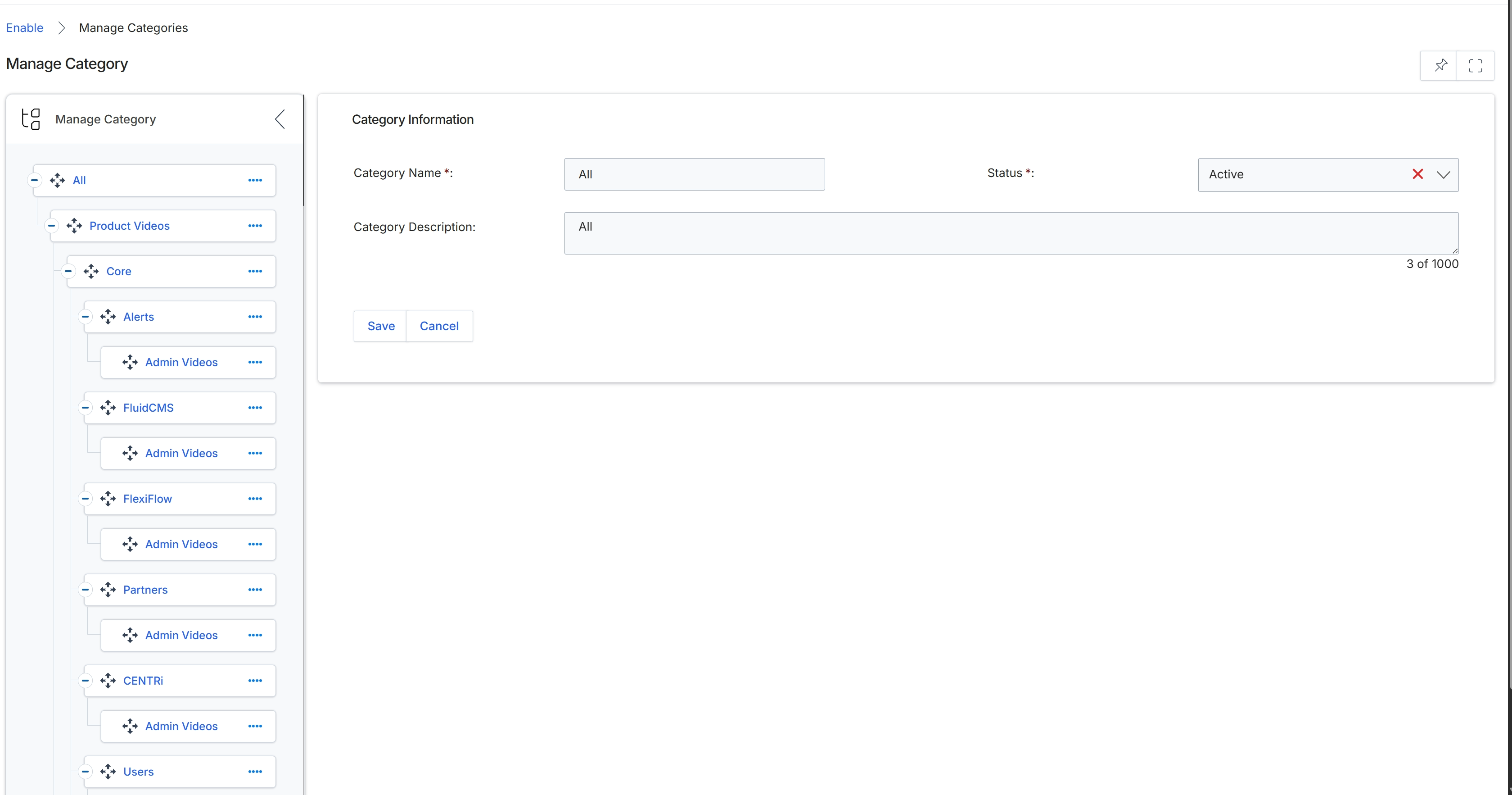Video category management edit view