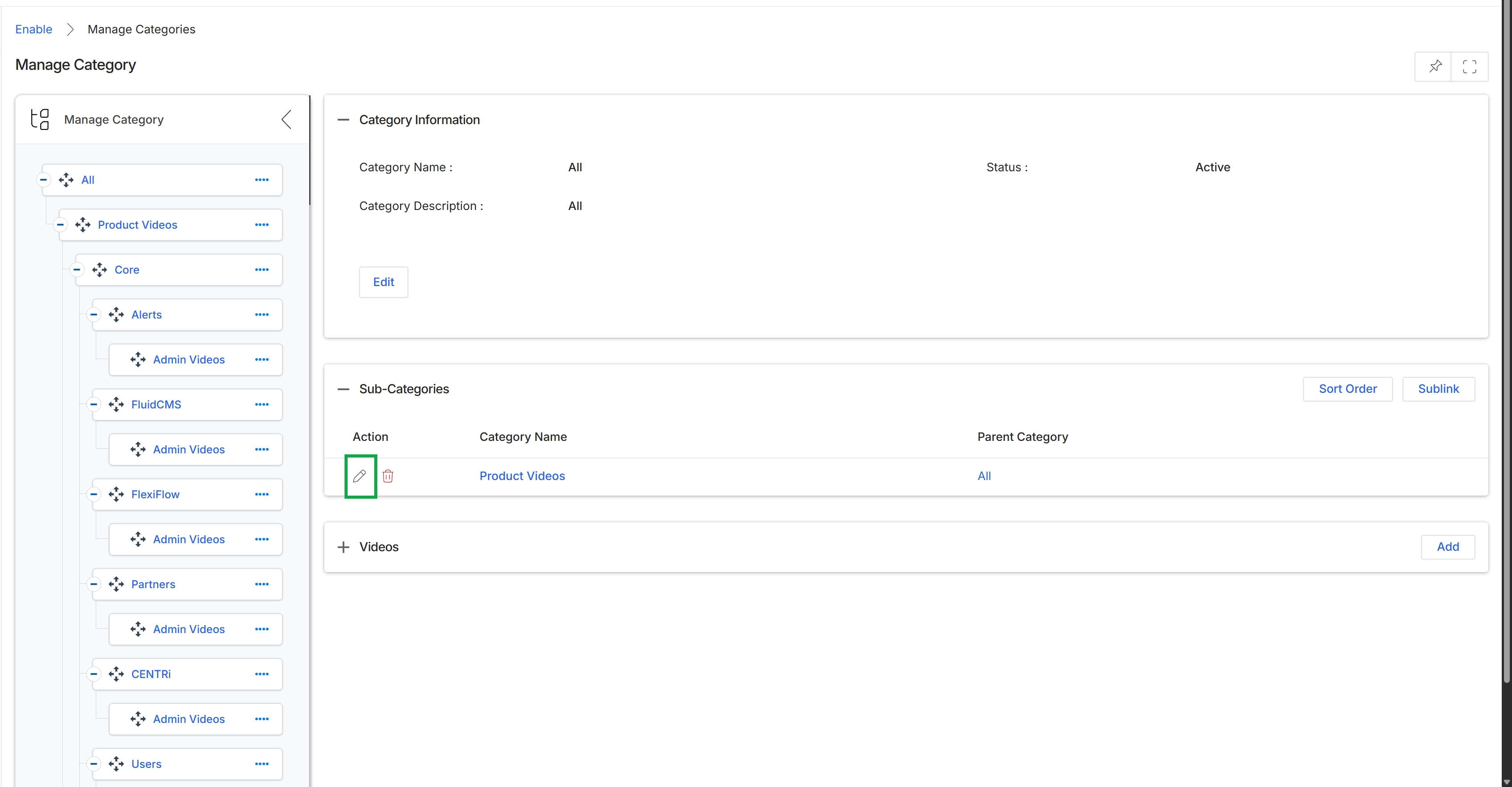 Manage Category screen with sub-category list