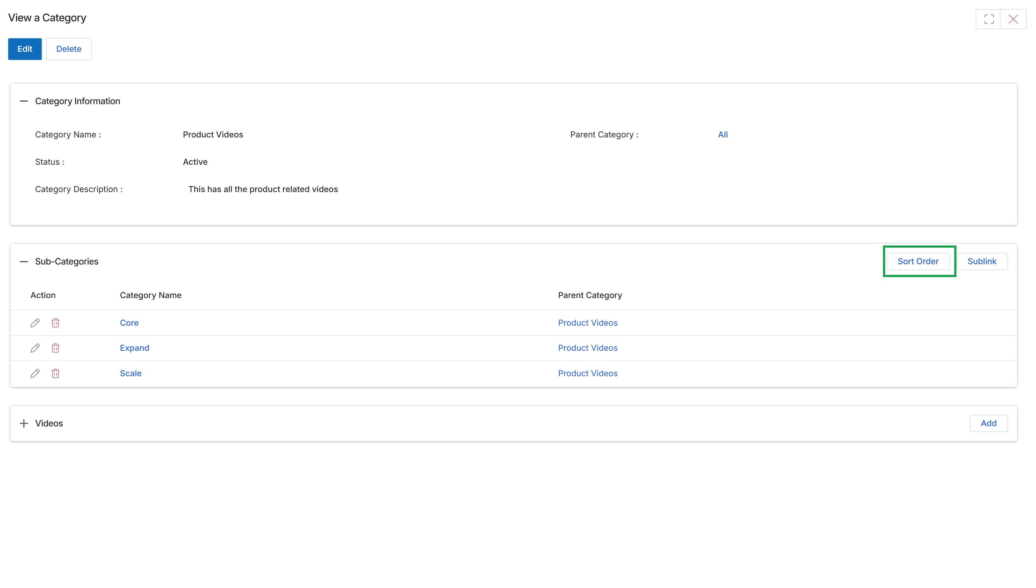 View Category page with sub-categories
