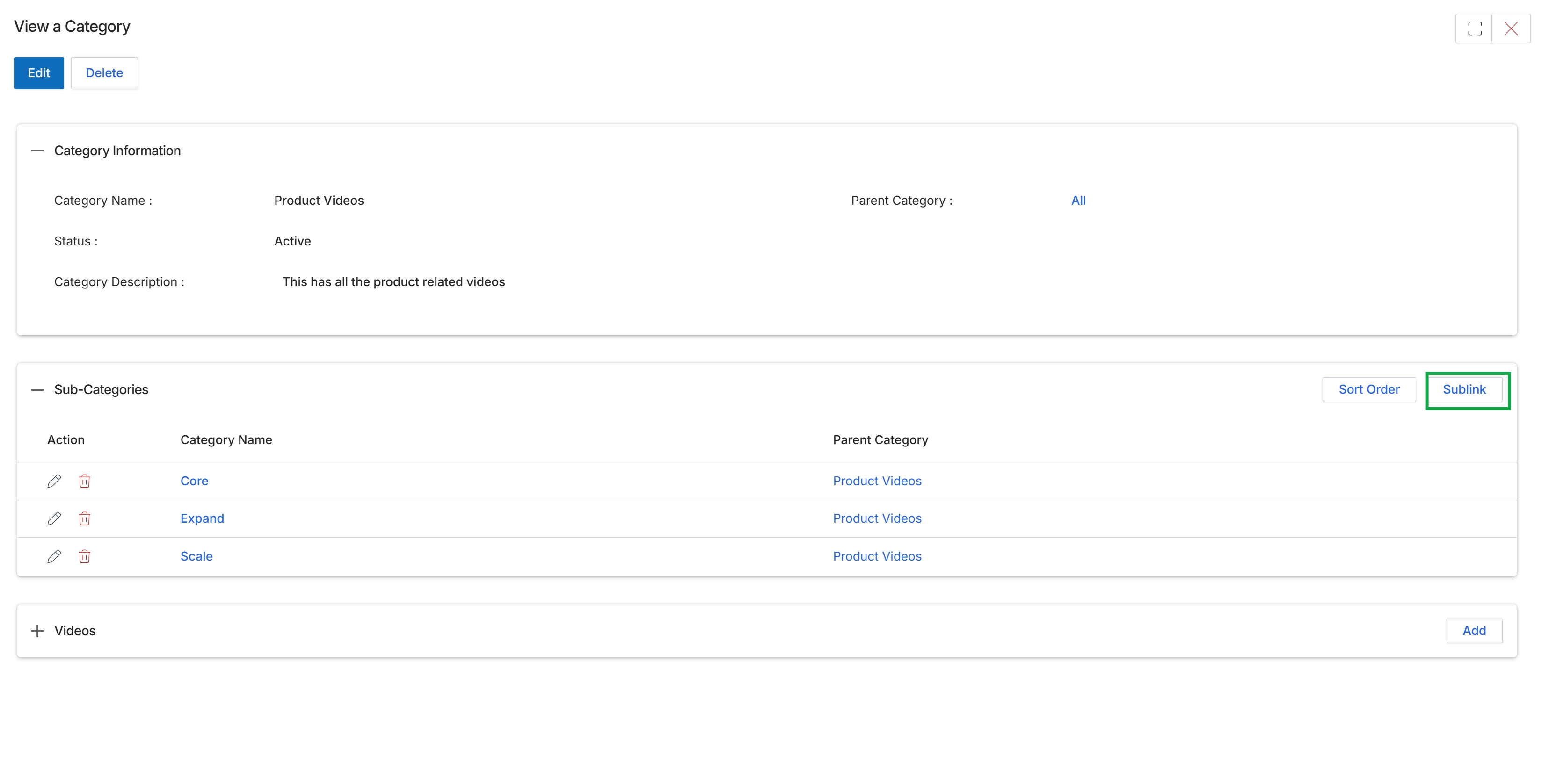 View Category details with Sub-Categories and Videos