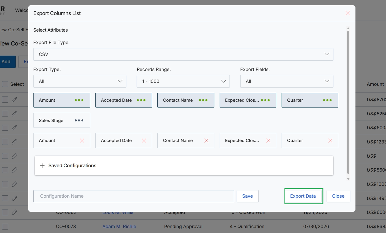 Export Columns List dialog
