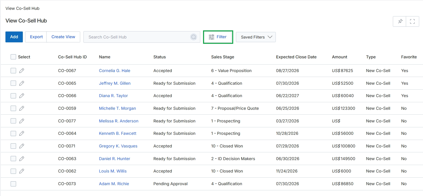 View Co-Sell Hub page with Filter button highlighted