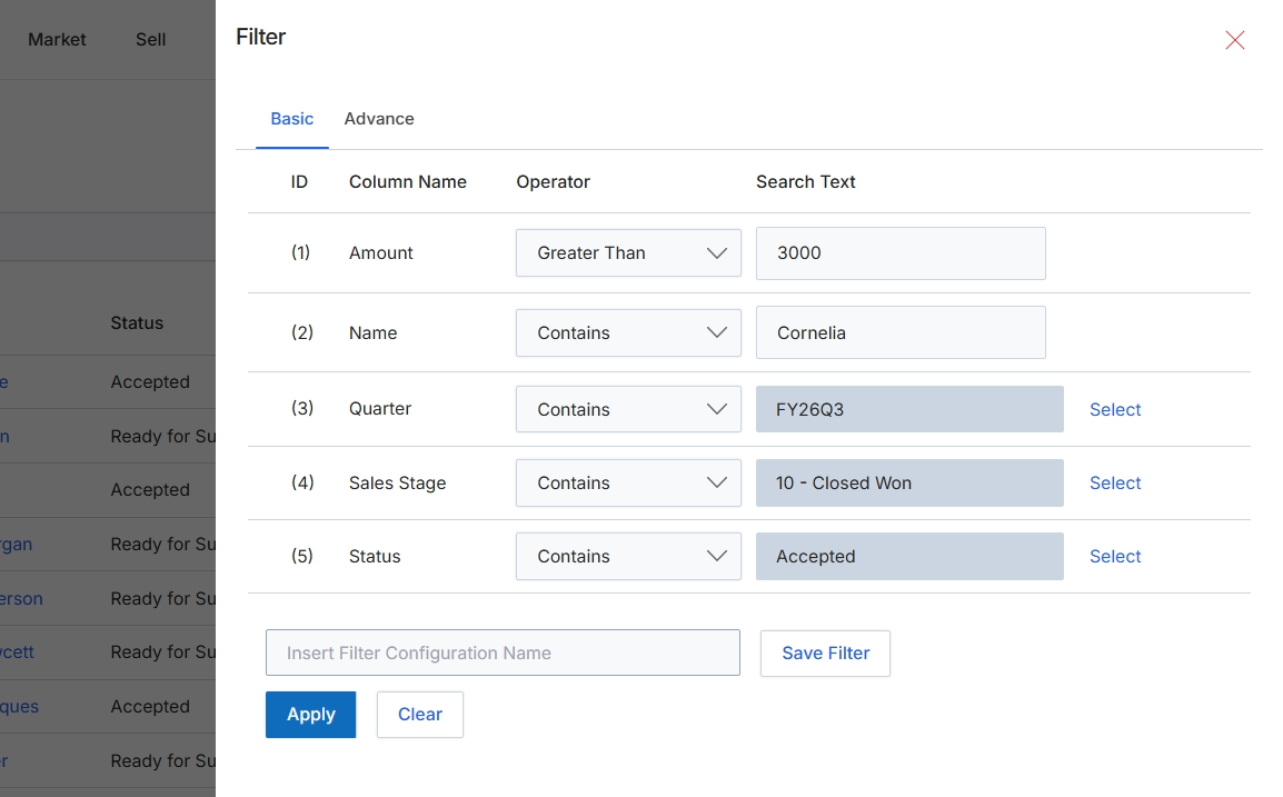 Filter dialog with basic conditions