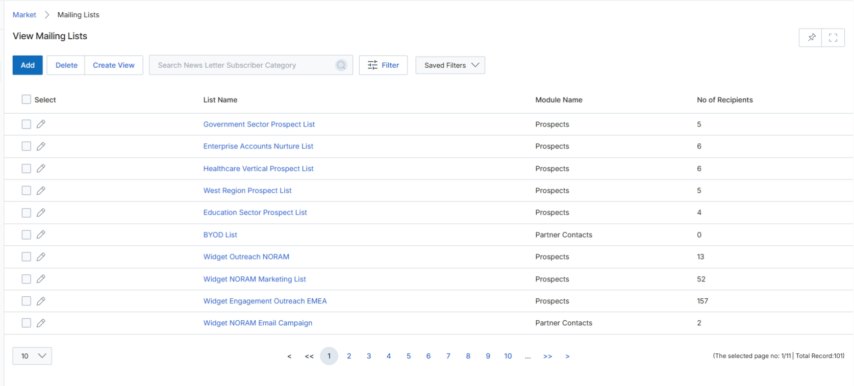 The Mailing Lists screen provides a comprehensive view of all email distribution lists configured within the UPM platform. These lists are crucial for both vendor-initiated and partner-executed email marketing campaigns, enabling targeted communication with prospects, customers, or partner contacts. This screen displays key information for each list, such as its name, the module it originates from (e.g., Prospects, Partner Contacts), and the number of recipients it contains. Users can manage these lists by adding new ones, creating custom views, or applying filters to quickly locate specific lists. The ability to manage mailing lists directly impacts the effectiveness and reach of marketing efforts across the entire partner ecosystem.