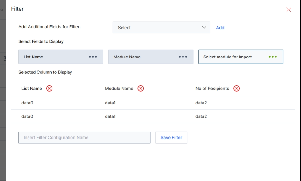 The Filter panel on the Mailing Lists screen allows users to customize the displayed columns and apply additional filtering criteria to the list of mailing lists. This functionality is crucial for managing email marketing efforts within the Market module, enabling users to focus on specific segments of their contact data. By selecting relevant fields to display and defining filter conditions, users can tailor the view to their analytical or operational needs, such as identifying lists based on their module name, recipient count, or other custom attributes. This customization helps in efficiently organizing and utilizing mailing lists for various marketing campaigns, ensuring that the right messages reach the intended audiences.